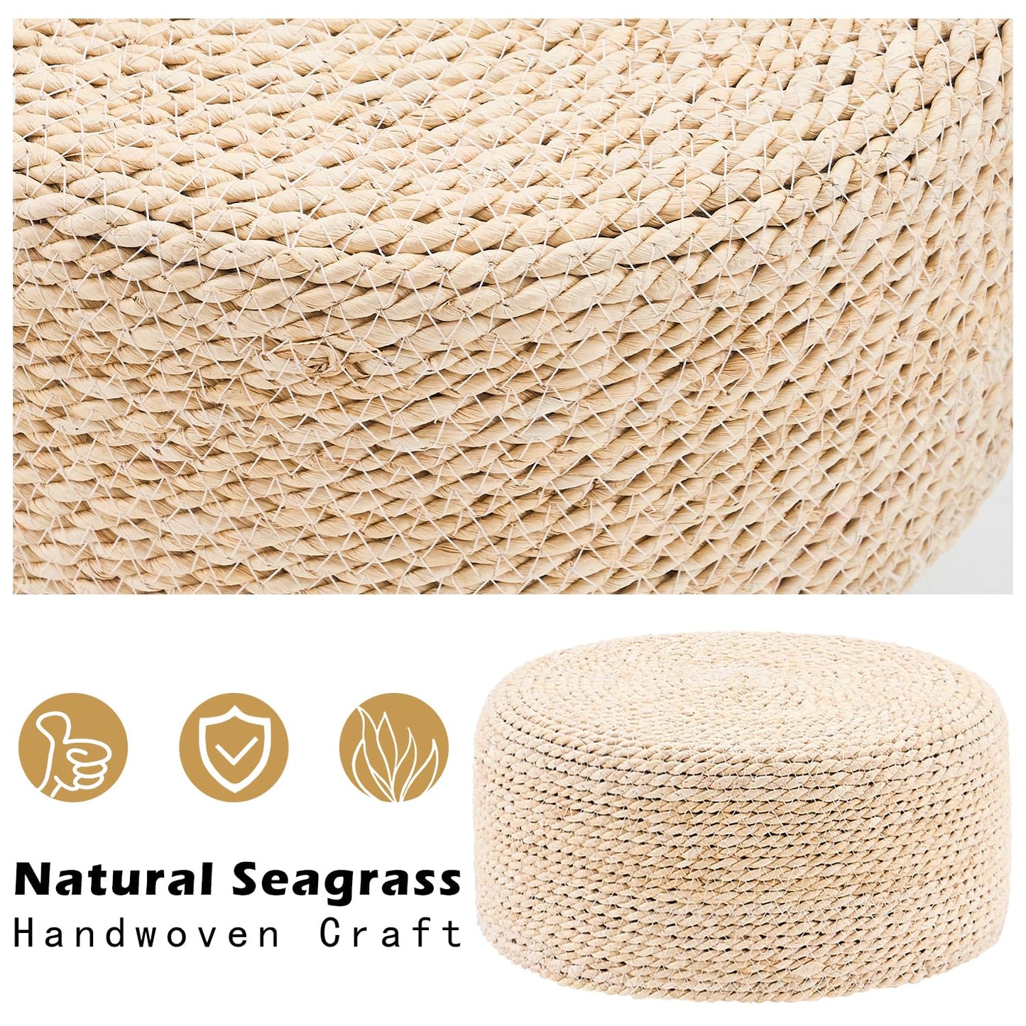 Cpintltr Ottoman Natural Seagrass Footrest Poufs Hand Weave Round Foot Stool for Couch Desk Soft Step Stool Padded Foot Rest with Pine Legs for Living Room Bedroom (Natural White)