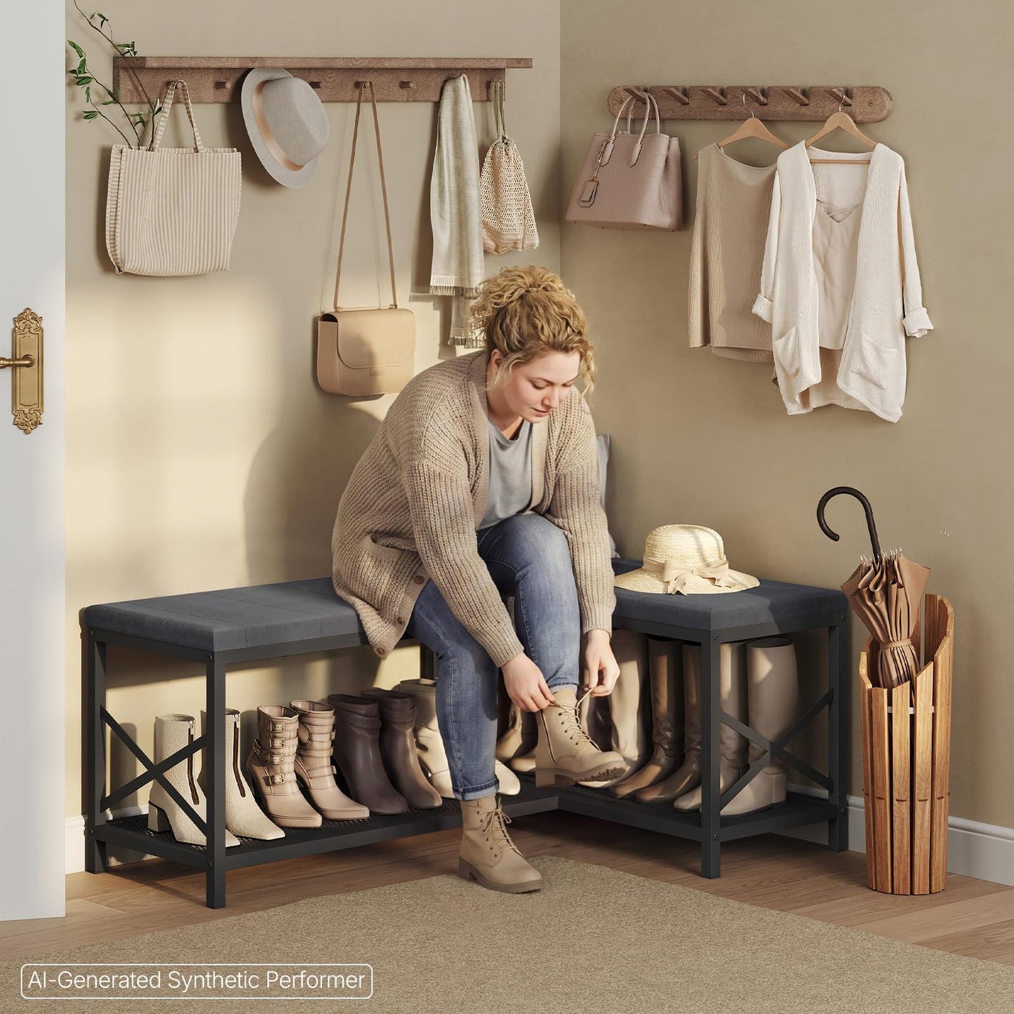 YATINEY L-Shaped Shoe Bench with Cushion, 59.1" Entryway Shoe Storage Bench