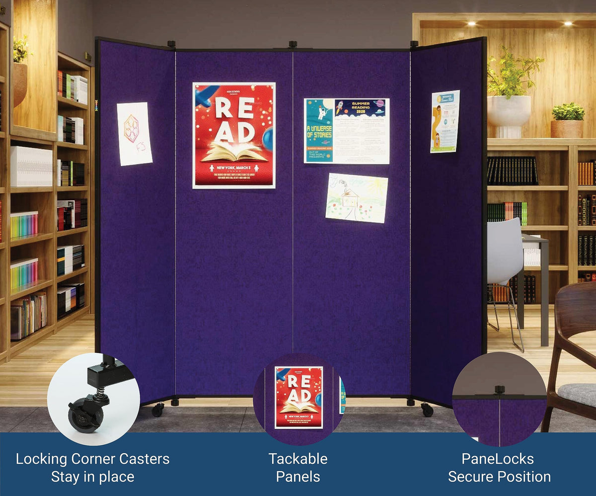 Screenflex Display Towers, Portable Wall Divider Boards for Art Show Partitions, Classroom Panels and Offices - 5'9”H x 6’2”W - 6 Panels - Navy Fabric