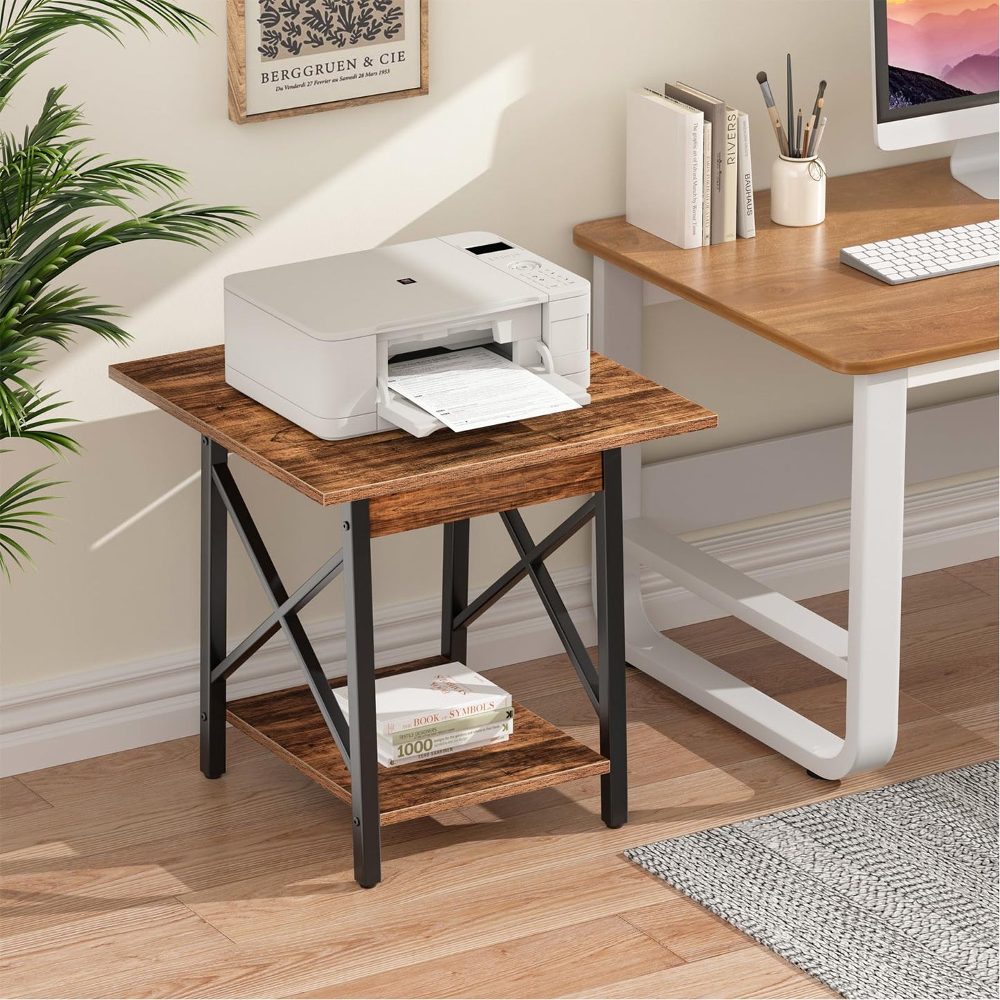 GreenForest Square End Table for Living Room, 24 Inch Large Side Table with X-Frame, Farmhouse Tall Bedside Nightstand with 2-Tier Storage Shelf, Rustic Walnut