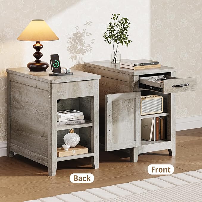 IRONCK End Table with Charging Station, Narrow Side Table