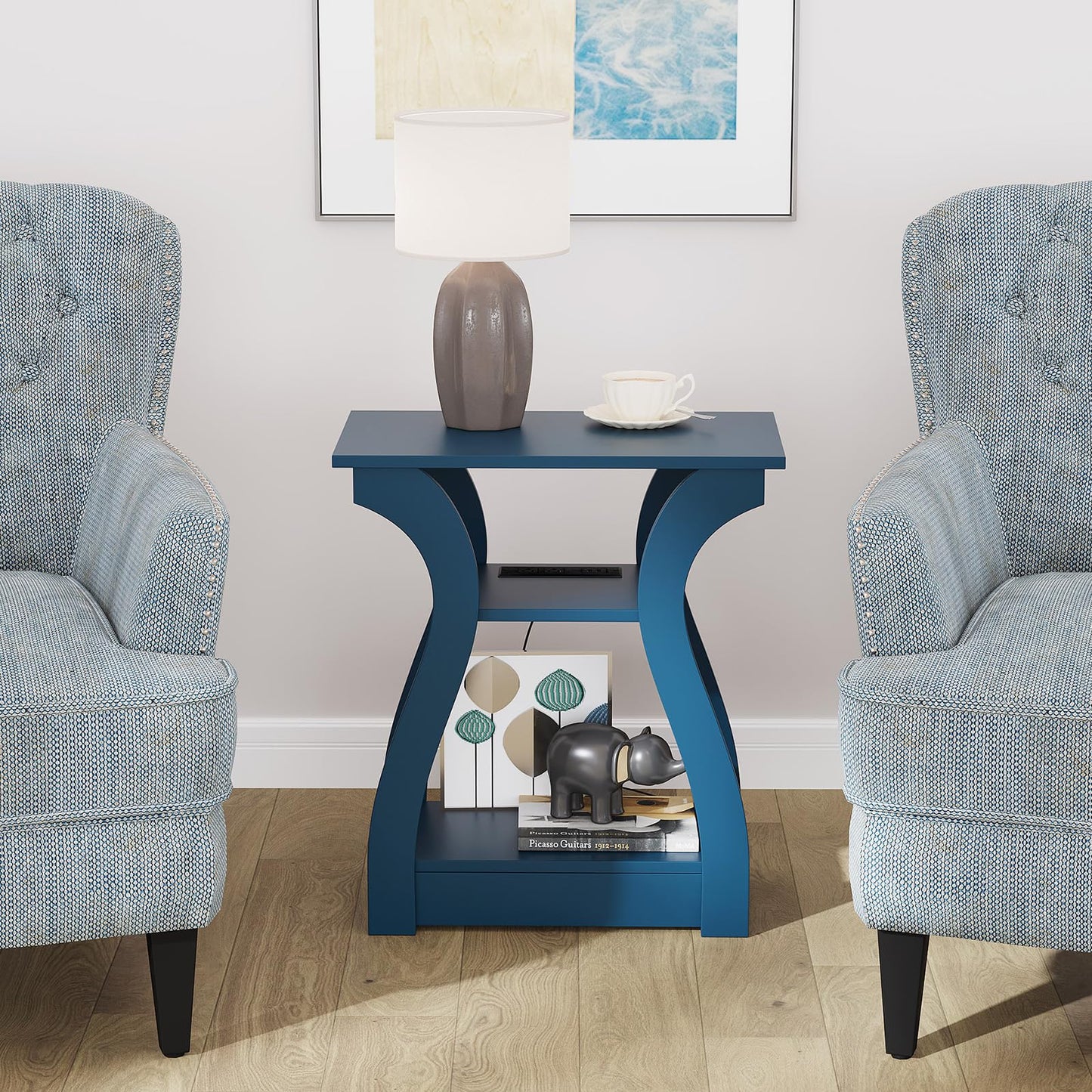 FROMJBEST End Tables Living Room, End Table end Table with Charging Station and USB,Navy Blue Side Table, Nightstand for Bedroom,3 Tier End Table with Storage Shelf for Living Room