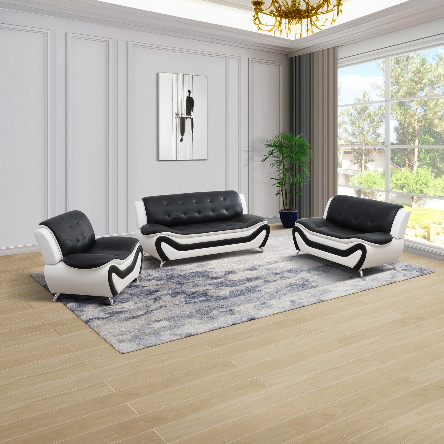 Modern 1 2 3-Piece Living Room Sofa Set, Black and White Faux Leather, Loveseat, Chair, for Apartments and Hotels