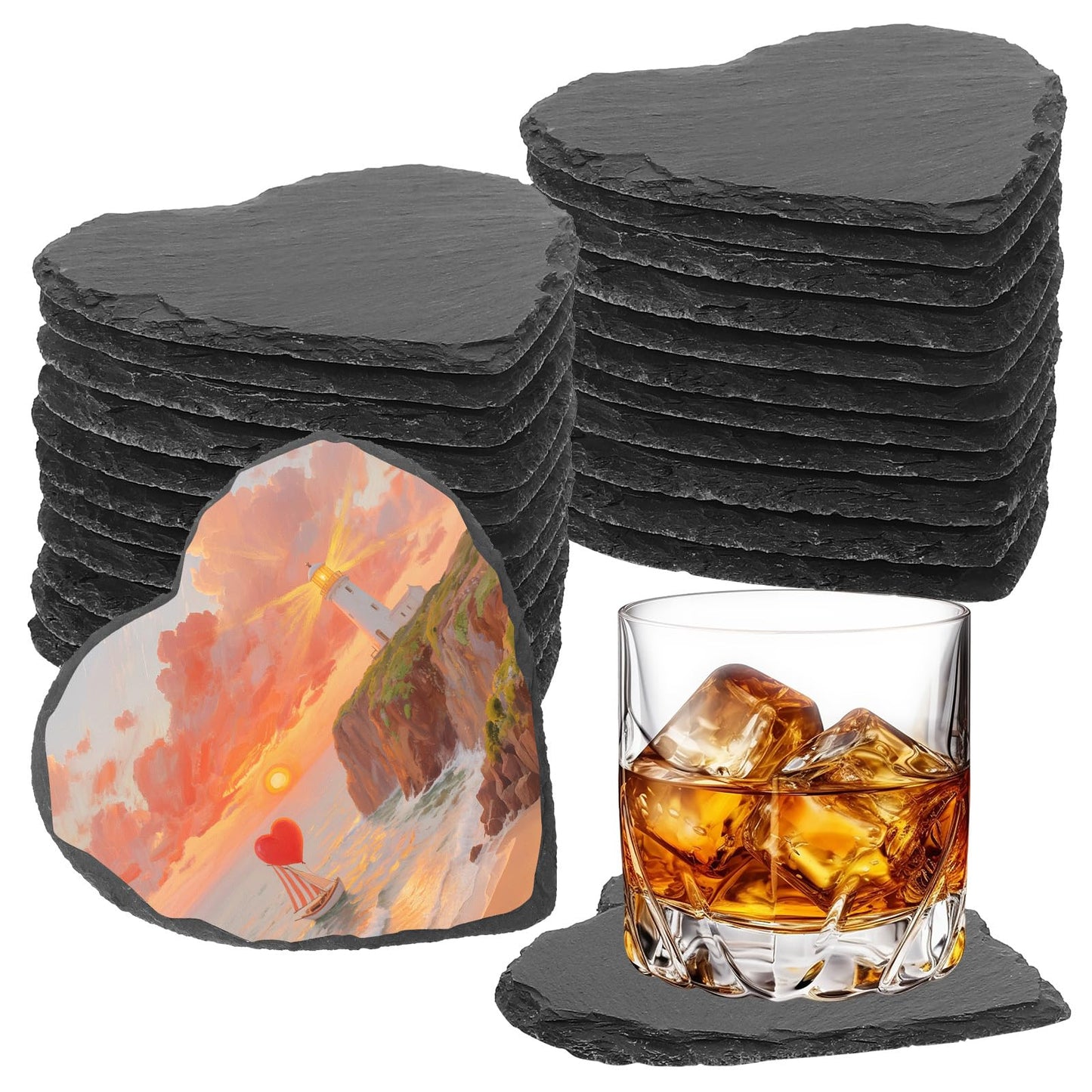 24 PCS Slate Drink Coasters Bulk,4 Inch Black Slate Stone Coasters for Office, Home Decor,Laser Engraving Blanks with Anti-Scratch Bottoms for Coffee Bar Kitchen Heart