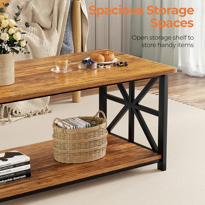 GreenForest Coffee Table with Round Corner, Farmhouse Center Table with 2-Tier