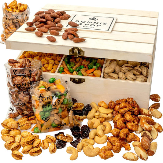 BONNIE AND POP Nut Basket, Healthy Gift of Assorted Nuts in Reusable Wood Crate, Large Variety Tray with Unique Flavors, Fathers Day, Parties, Holidays, Birthday, Sympathy, Office, Thank You, Him, Her