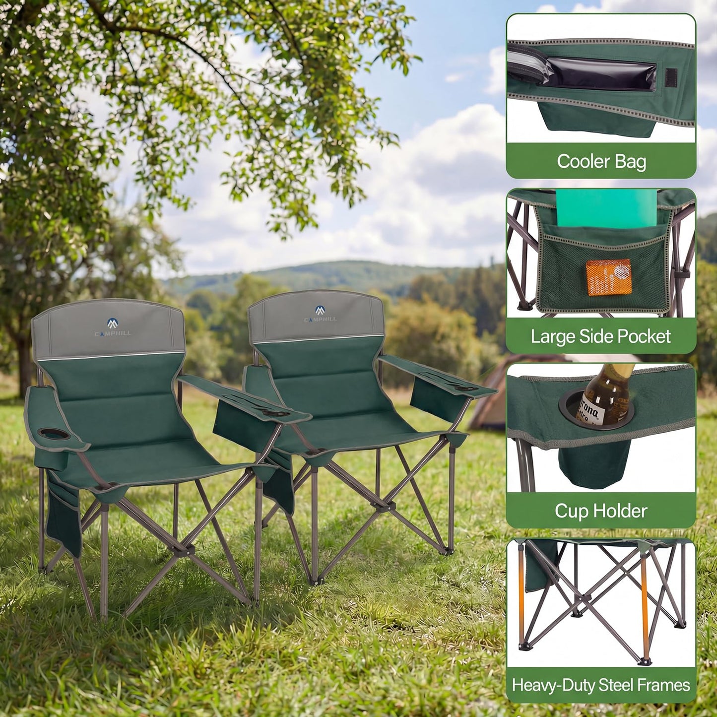 CAMPHILL Oversized Camping Chairs 2 Pack - Heavy Duty 400LBS Padded Lawn Chair with Cooler Bag,Cup Holder,Side Pocket,Collapsible for Outdoor,Camp,Fishing & Garden,Dark Green