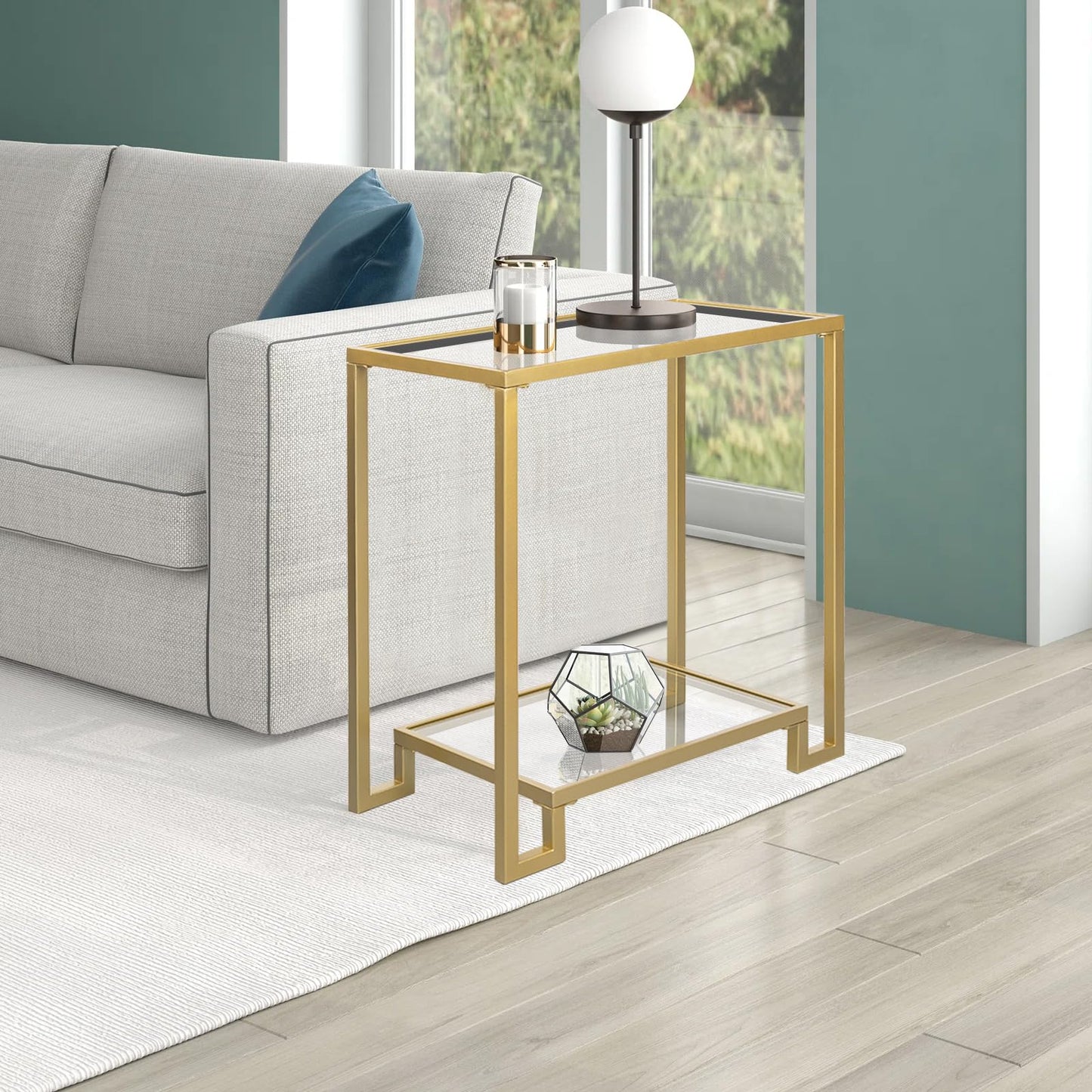 GIFTTROVE 2 Tier Rectangular Side Table, Gold End Table with Glass Top, Modern Metal Clear Coffee Tables，Small Accent Tables for Living Room, Bedroom, 22" x 12.4" x 24"