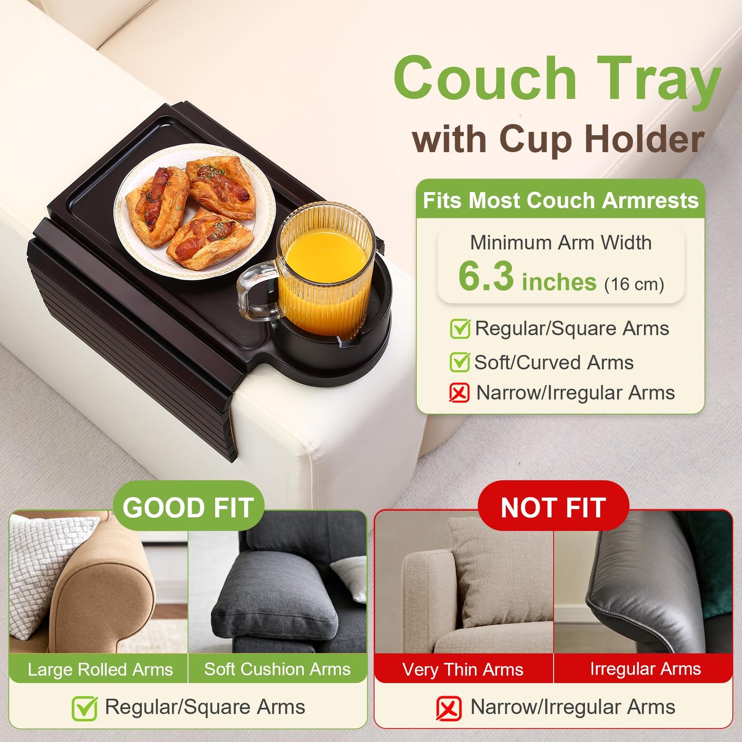 aisongdong Couch Cup Holder Tray - 3 in 1 Couch Arm Table with 360° Rotating Phone Holder, Foldable Sofa Arm Tray for Drink Table, Snacks Table,Hold Cellphone Remote or Books