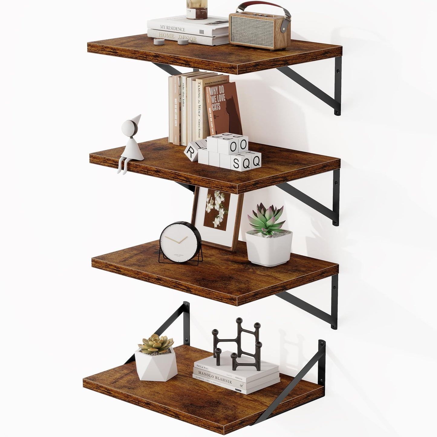 Heimlove Deep Floating Shelves for Wall, Wood Wall, Wide Floating Bookshelf for Living Room, Kitchen, Office, Bedroom and Decor Storage,Rustic Brown with Metal Bracket, 16wx12dx5.8h, 4Shelves