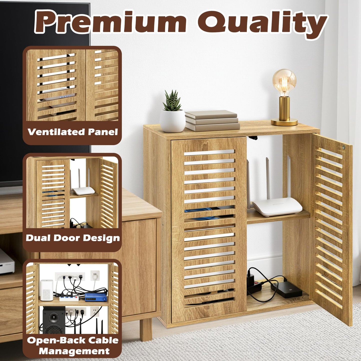WiFi Router Storage Cabinet, Floor Standing Router Storage Box Modem, Multi-Functional Router Storage Box, Power Strip and Cable Management Hider Organizer for Living Room, Office, Bedroom, White Oak