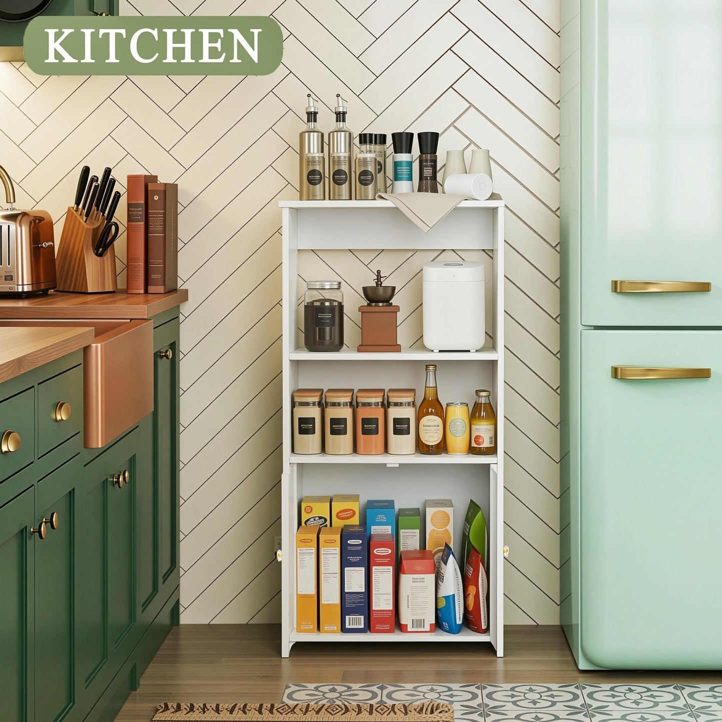BYFU Bathroom Storage Cabinet, 4-Tier White Small Floor Cabinet Freestanding Organizer with Door and Shelf for Living Room Hallway Kitchen Small Space (8.7" D x 14.2" W x 29.1" H)