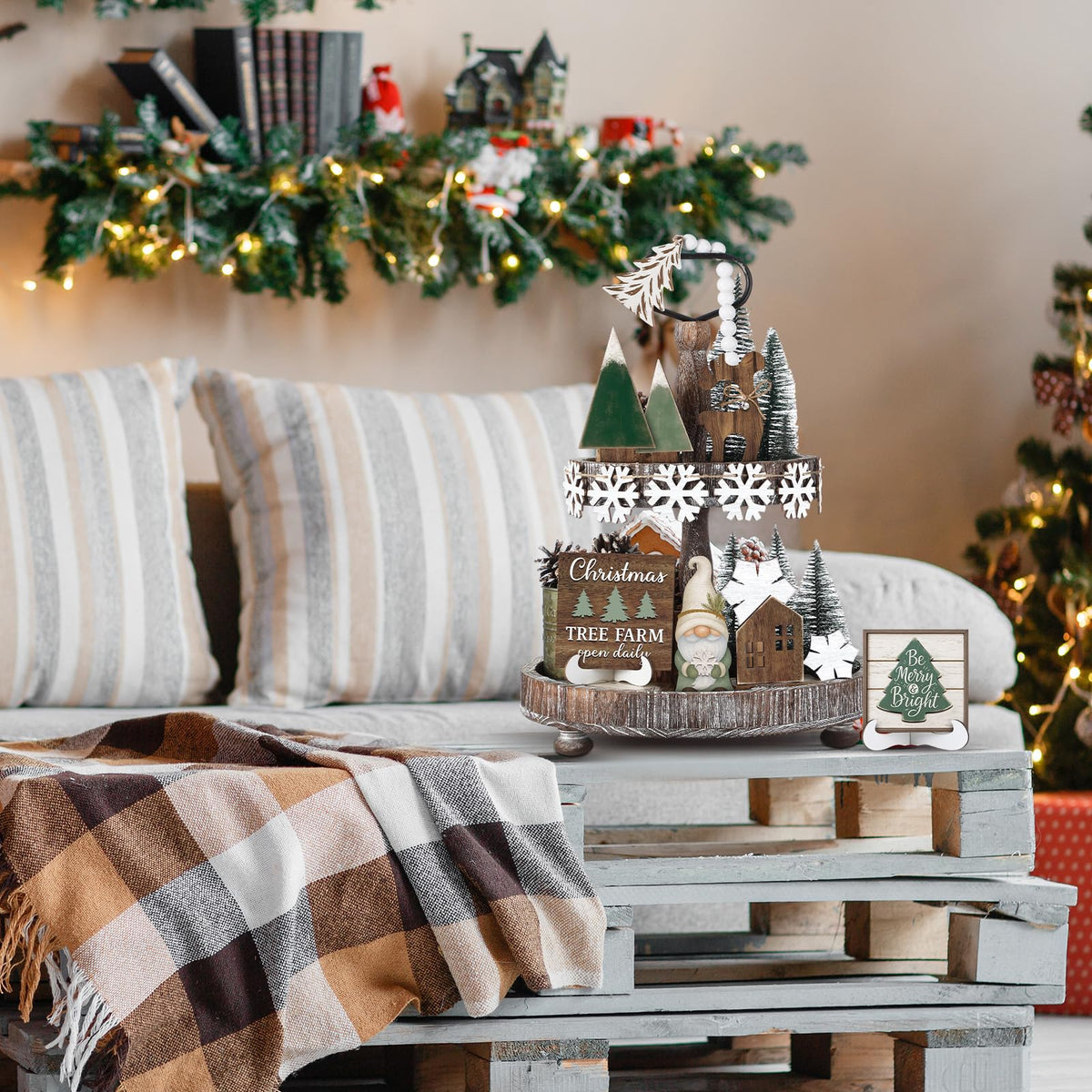 Yalikop 20 Pcs Neutral Sage Green Christmas Tiered Tray Decor Set Farmhouse Rustic Snowflake Xmas Tree Wood Table Centerpiece Decoration Tabletop Sign for Winter Home Kitchen Festival