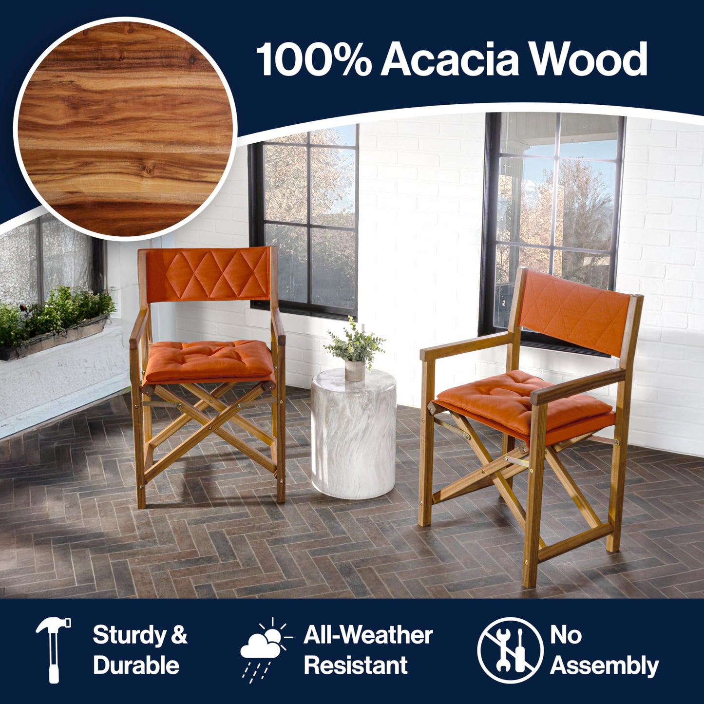 JONATHAN Y Waldo Acacia Wood Outdoor Director Chair Set of 2 for Patio & Balcony, Foldable Coastal Armchair with Orange Diamond-Quilted Cushions, Teak Brown DRC1002B-SET2