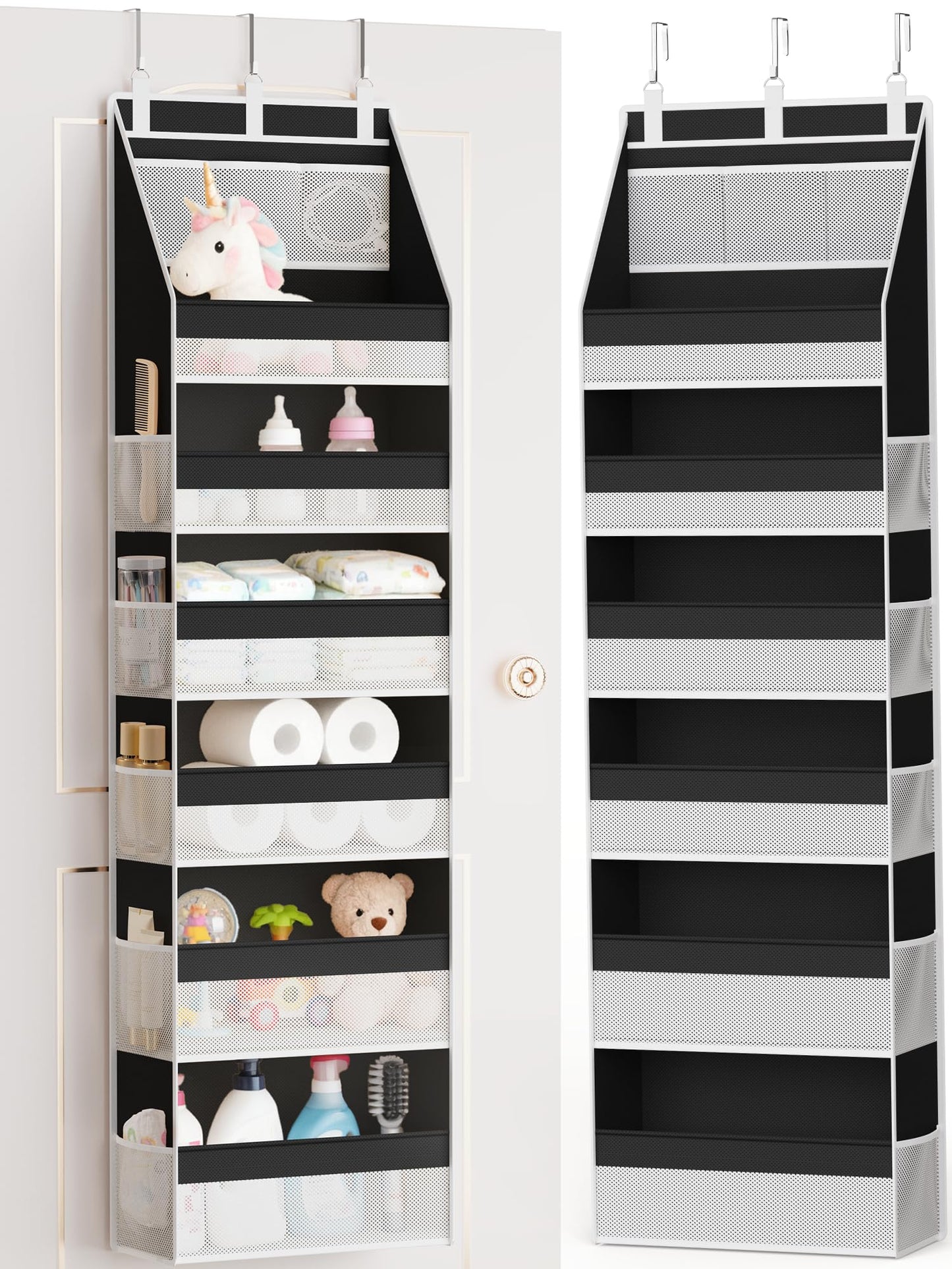 Criusia Over the Door Organizer, Heavy-Duty 6-Shelf Hanging Storage with 13 Mesh Pockets, 55lbs Capacity Behind the Door Storage for Nursery, Bathroom, Bedroom, and Dorm, Black