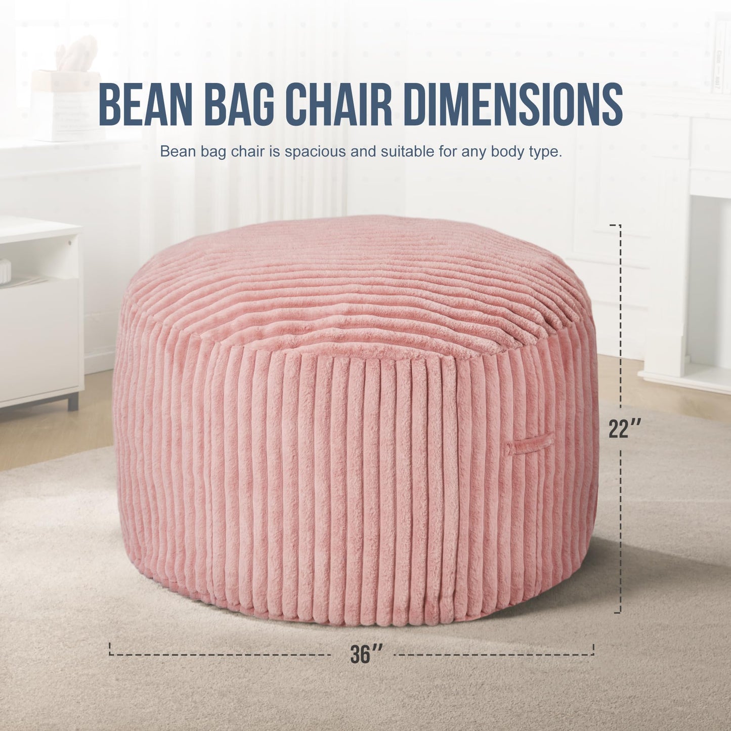 3ft Bean Bag Chairs for Adults Large Beanbag Chair with Stripe Plush Cover Big Bean Bag Chair for Living Room Bedroom Dorm Office