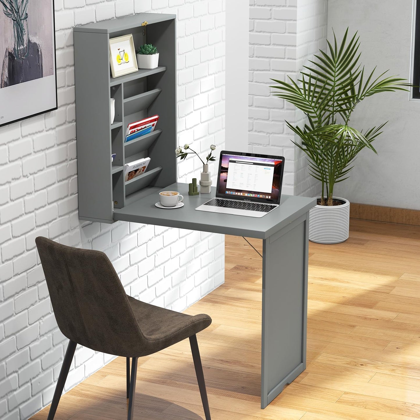 GOFLAME Wall Mounted Folding Desk with 3-Tier Tilt Storage Partition and Adjustable Shelves, Space-Saving Convertible Writing Desk for Home Office, Gray