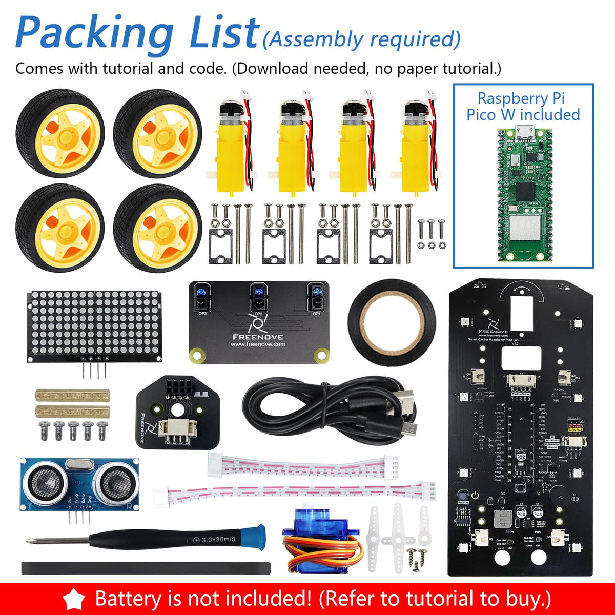 Freenove 4WD Car Kit for Raspberry Pi Pico W (Included) (Compatible with Arduino IDE), Dot Matrix Expressions, Obstacle Avoidance, Line Tracking, Light Tracing, Colorful Light, App