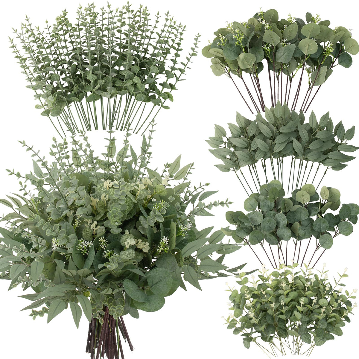 lovemoon 130 Pcs Artificial Mixed EucalyptusStems Bulk, 5 Kinds of Faux GreeneryEucalyptus Leaves Bulk for Vase Wedding DIY Bouquets Floral Arrangement Home Decor (130, Green)