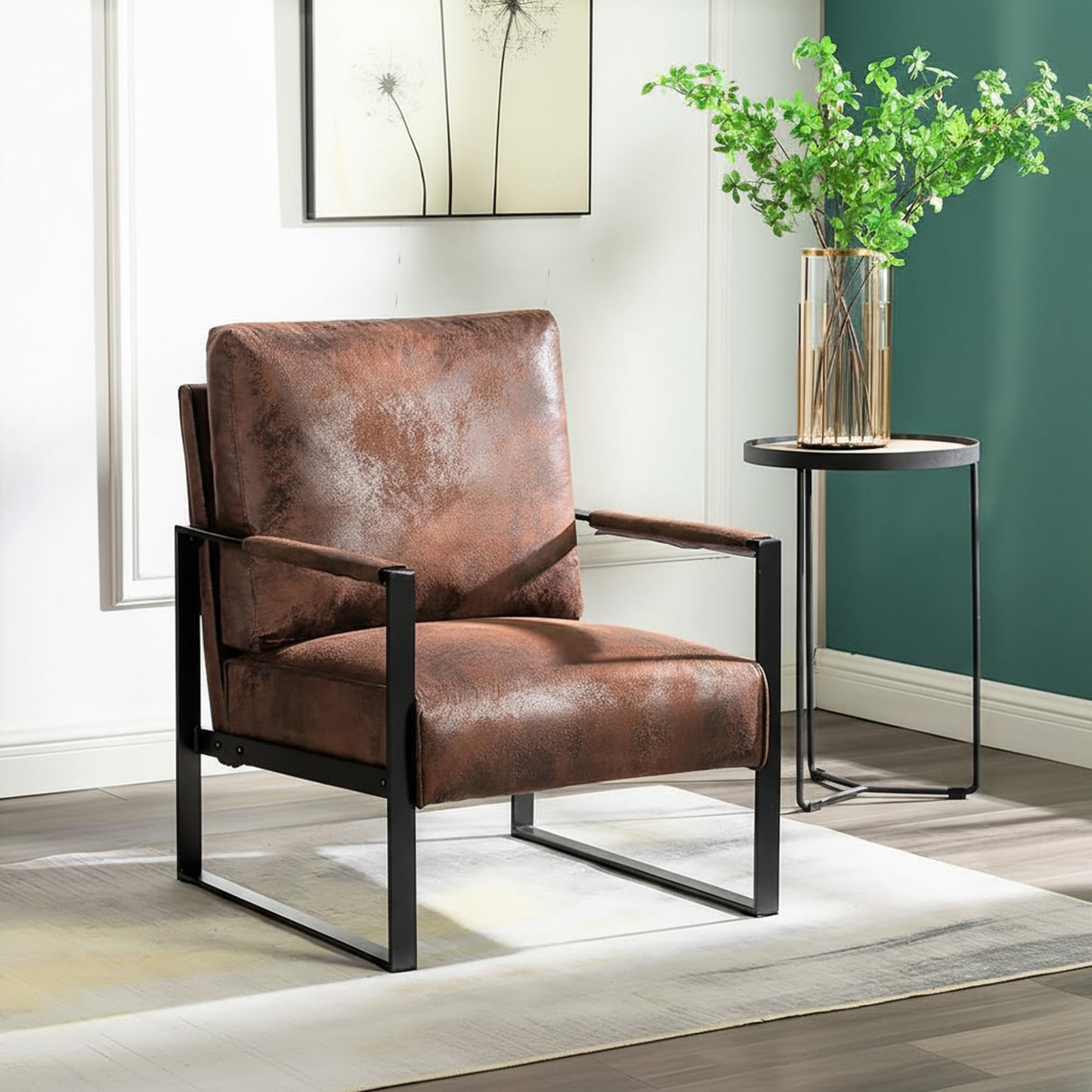 Container Furniture Classic Mid Century Modern Accent Chair with Durable Square Metal Frame, Armchair for Living Room, Bedroom, Home Office in Spotted Microfiber Upholstery, Brown