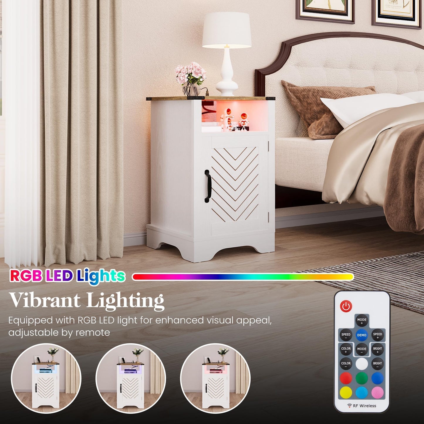 RoyalCraft Farmhouse Nightstand, End Table with LED Lights and Charging Station, Tall Bedside Table with Large Storage and Shelf, Wooden Side Table for Bedroom, Home Office, White and Rustic Oak
