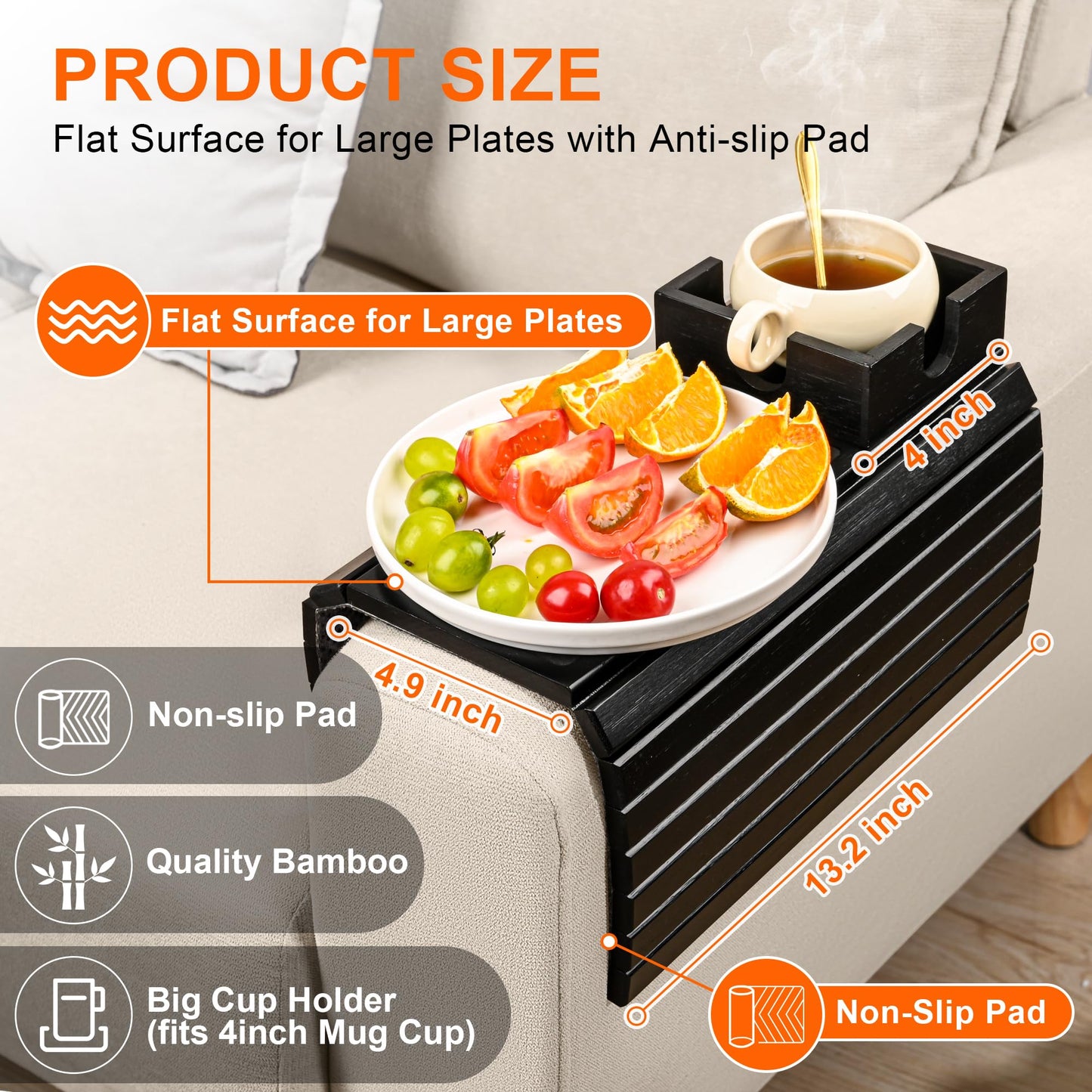 Joy&Grace Sofa Armrest Tray with Large Mug Holder, Bamboo Couch Arm Tray, Anti-Slip Couch Cup Holder Foldable Sofa Arm Table for Eating Drinks Cellphone (Color Black)