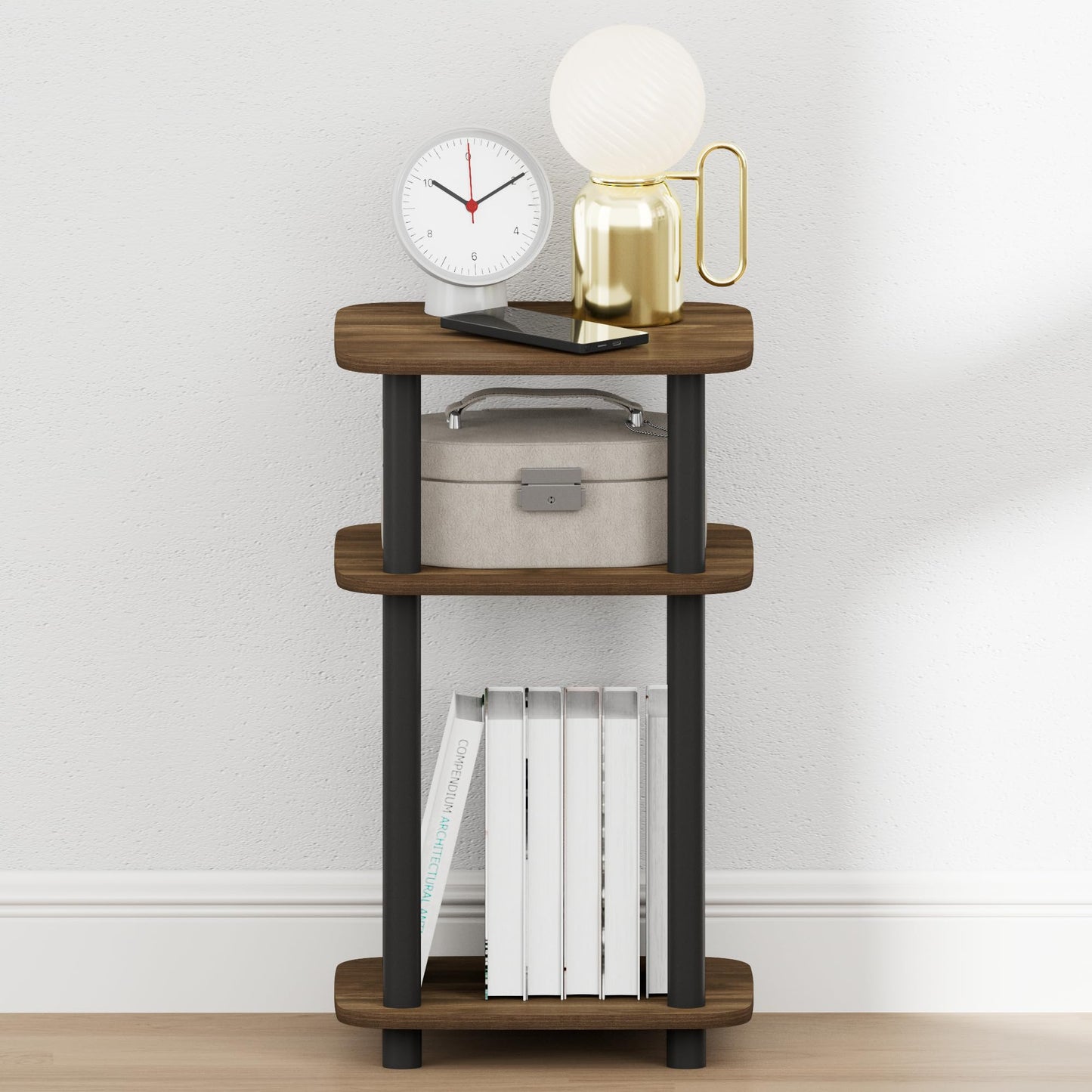 Furinno JUST Night Stand, 3-Tier Turn-N-Tube Nightstand with Open Shelf, Round Curve Corner Side Table, End Table, Easy Assembly, for Living Room, Bedroom, Columbia Walnut