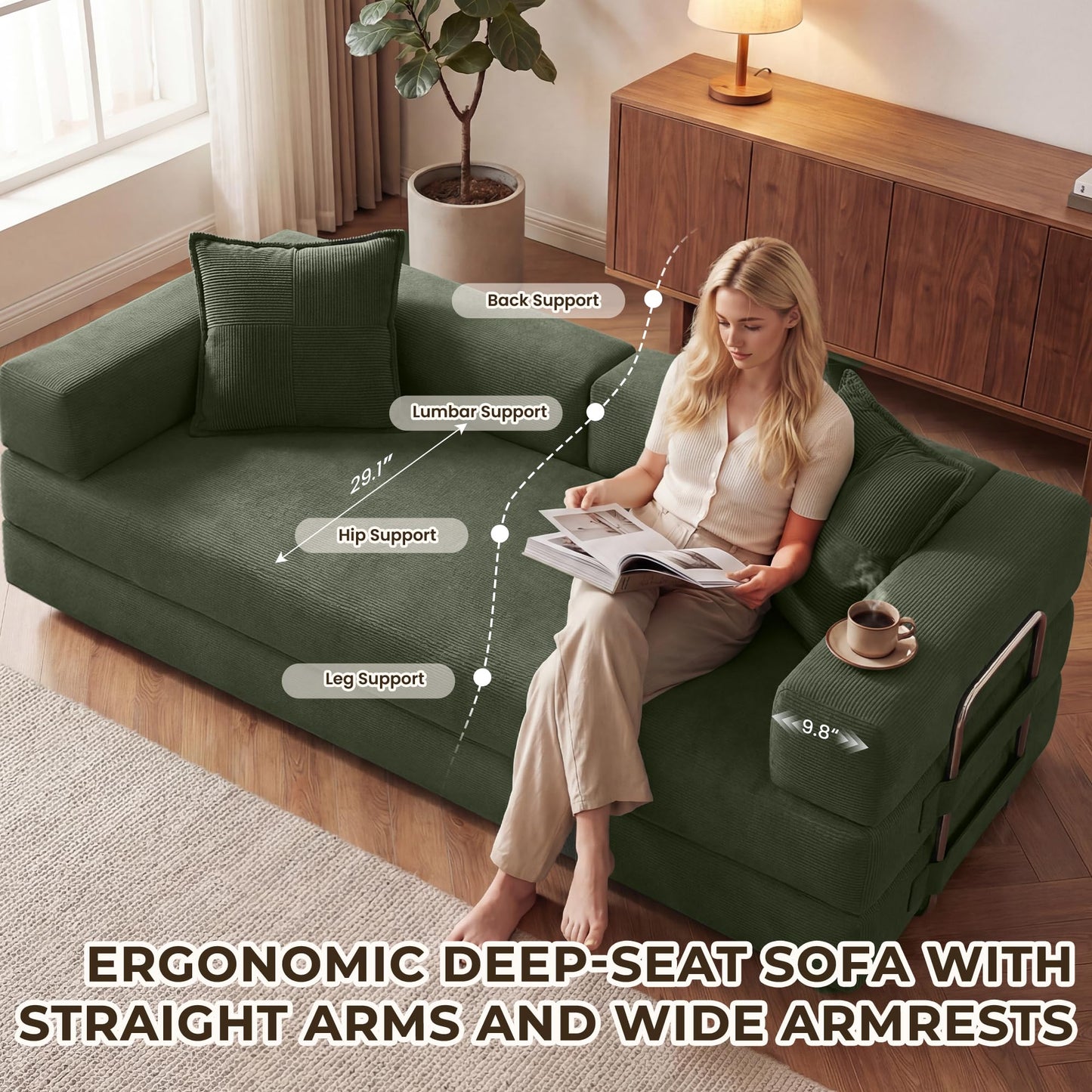 GRUSIGN 78 Inch Convertible Sofa Bed, 5-in-1 Futon Sofa Bed Pull Out Couch, Boneless Couch Bed for Living Room, Corduroy Boneless Couches for Bedroom, Apartment, No Assembly Sleeper Sofa Bed, Green
