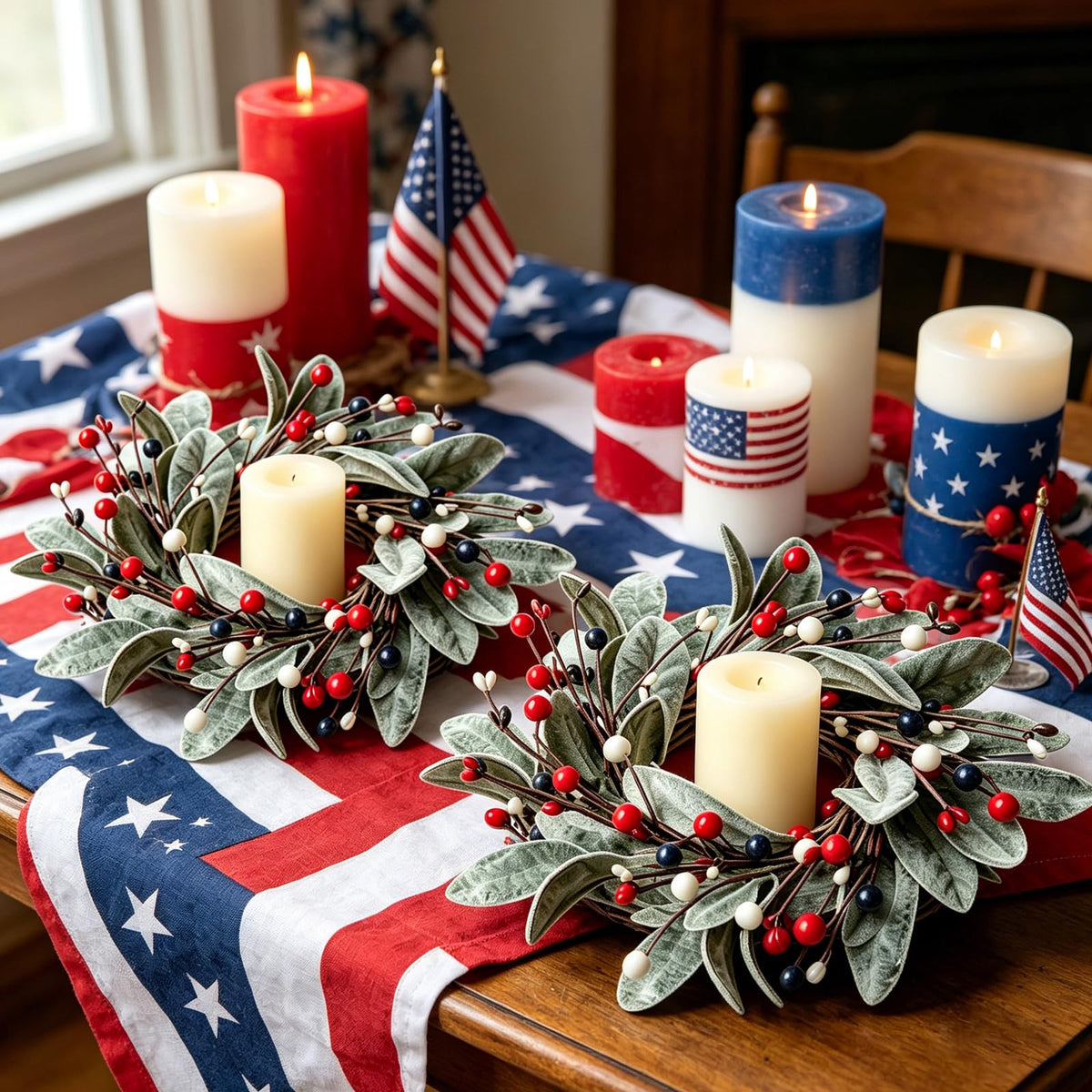 4 PCS Patriotic 4th of July Candle Rings Wreaths Independence Day Candle Rings Holder with Red White Blue Berries & Lamb's Leaves Mini Memorial Day Labor Day Wreath for Home Table Centerpiece Decor