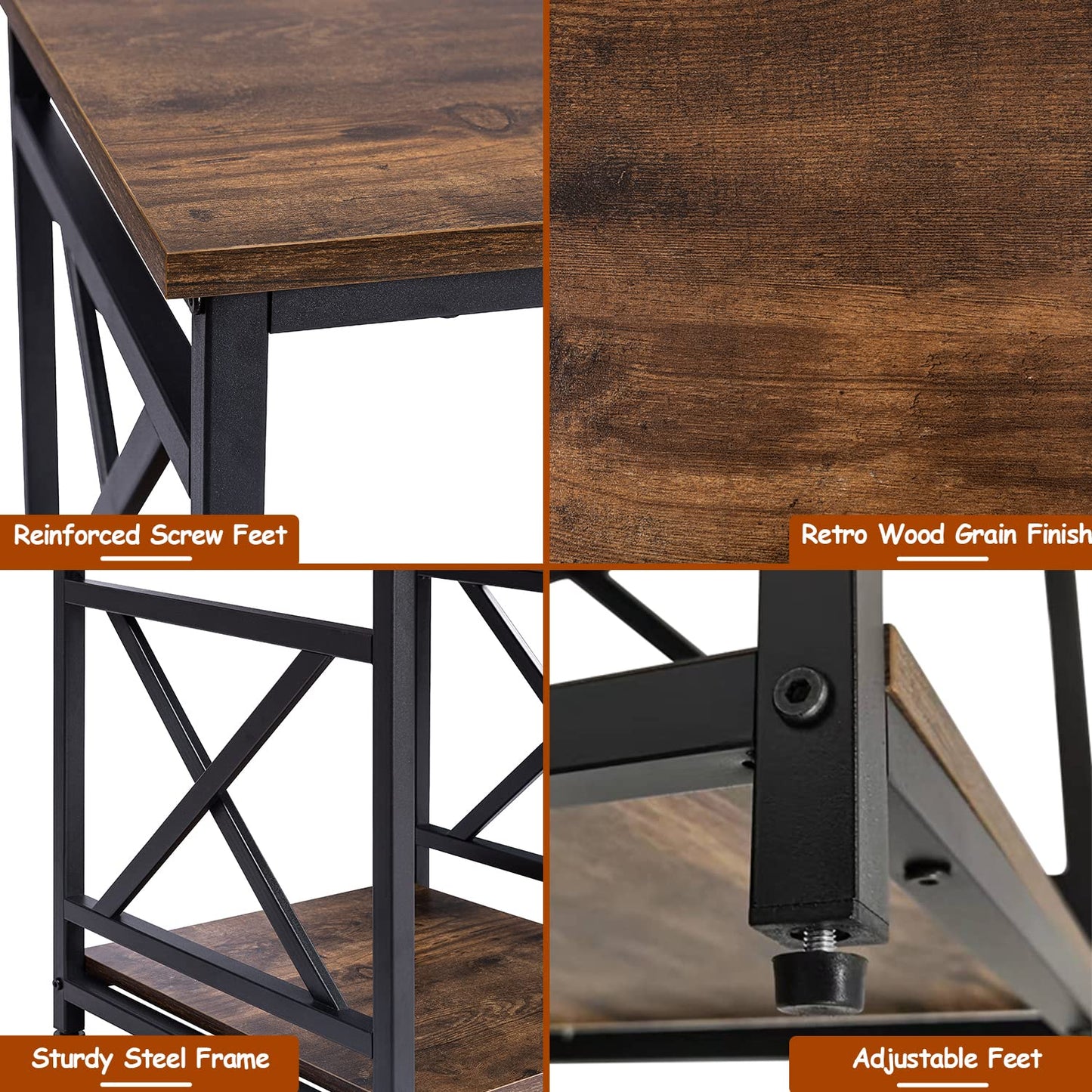 KSWIN Industrial End Table, 18" Square Side Table with 2-Tier Storage Shelf, X-Design Metal Frame, Rustic Brown Nightstand Bedside Table for Living Room, Bedroom