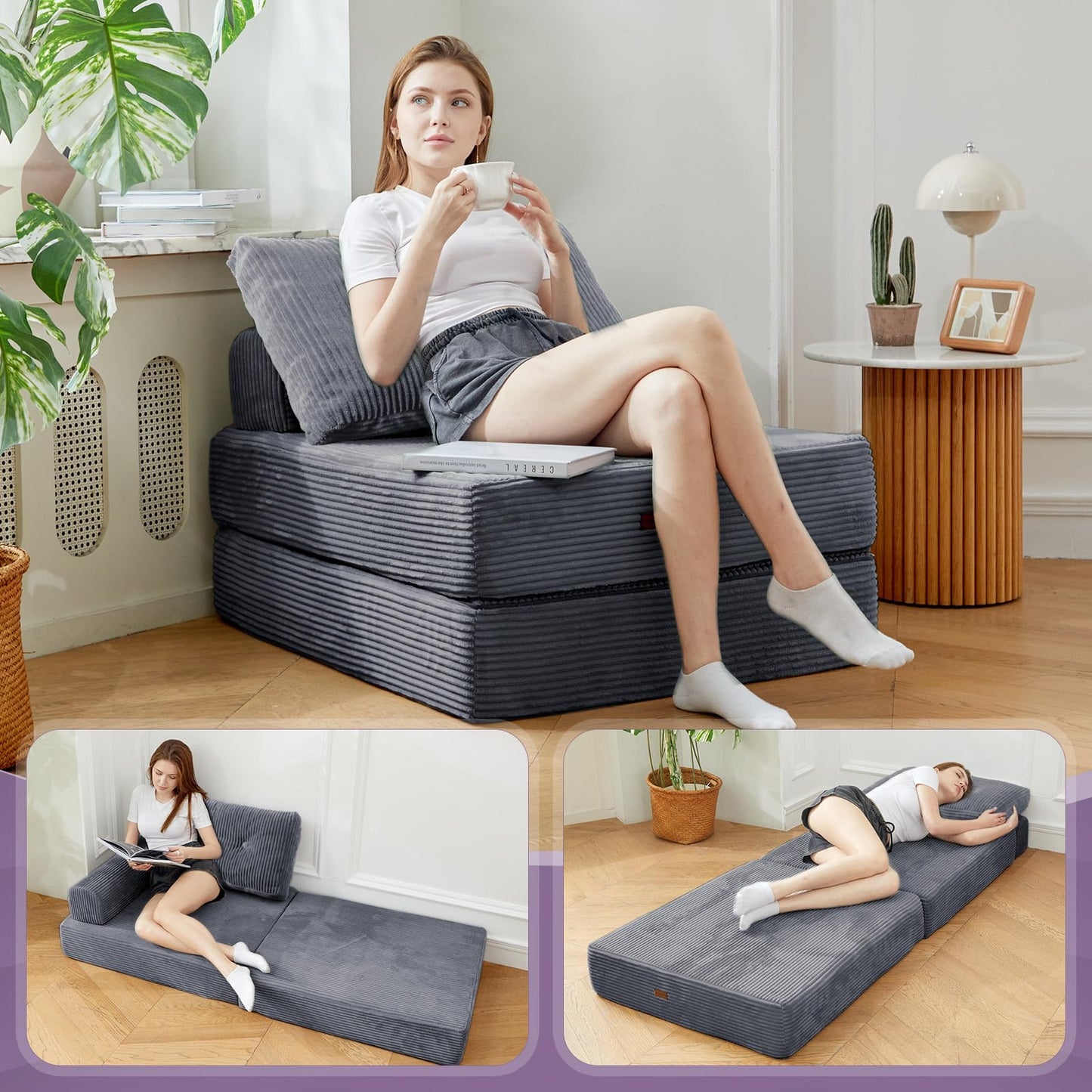 PIASHJOY Folding Chair Bed, Convertible Sofa Bed with Pillows,Fold Out Chair Bed with High-Density Foam,Chair Bed Sleeper for Adults Perfect for Living Room 、Hotel 、Apartment ， Single, Dark Gray