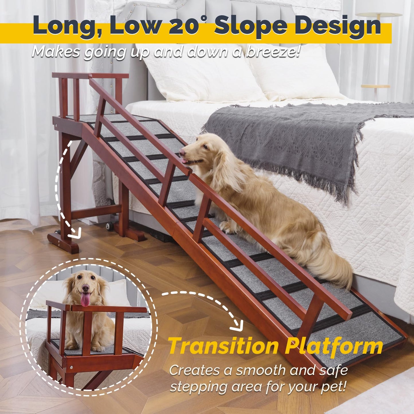 KUVETO Dog Ramp for Bed or Couch, Wooden Pet Ramp with 20° Gentle Slope, Removable Side Rails, Non-Slip Surface, Top Platform & Wheels, Safe Bed Ramp for Small, Large & Senior Dogs, 74" Long, Mahogany