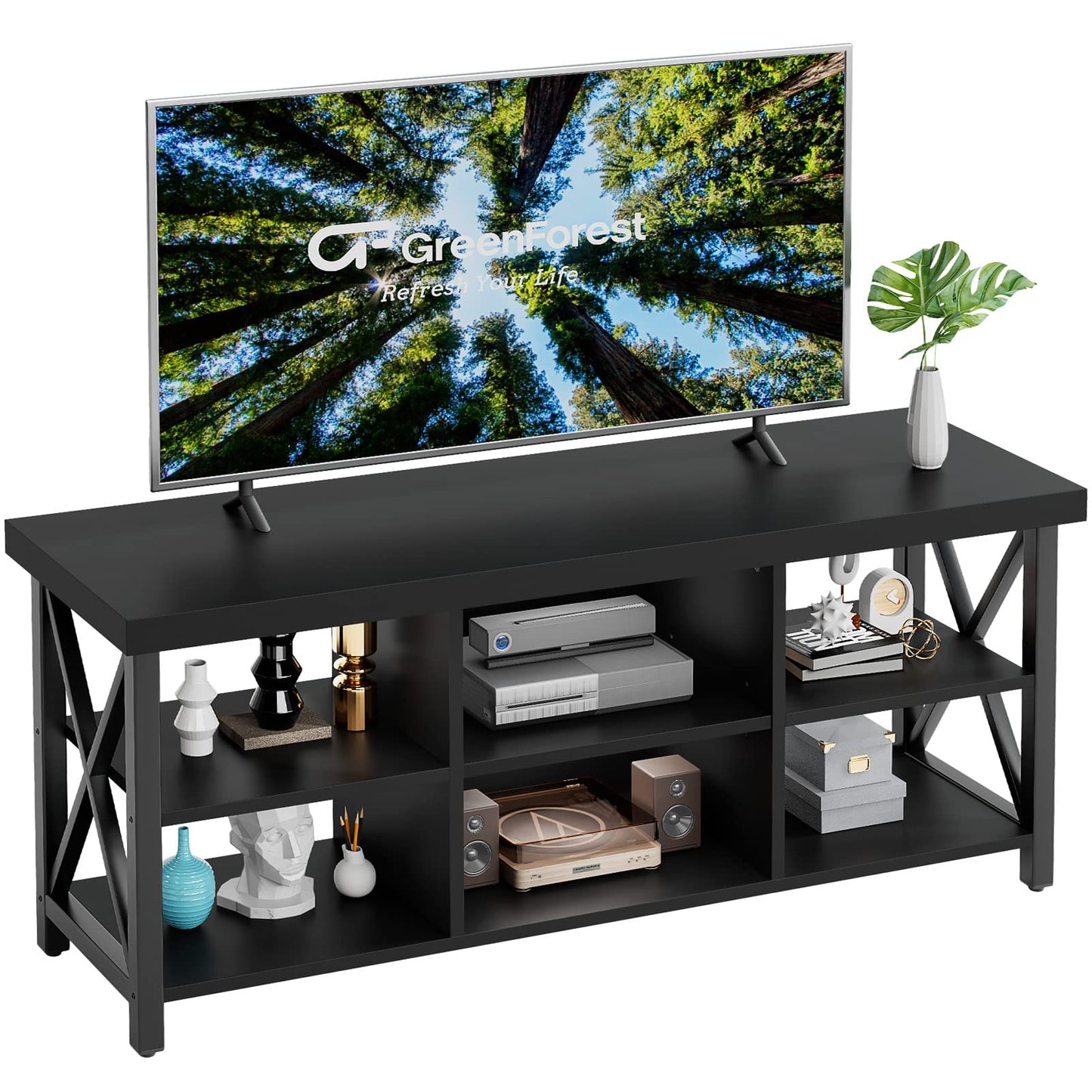 GreenForest TV Stand for TV up to 65 inches, Entertainment Center with 6 Storage Cabinet for Living Room, 55 inch Farmhouse Television Stands Console Table, Industrial TV stands for Living Room, Black