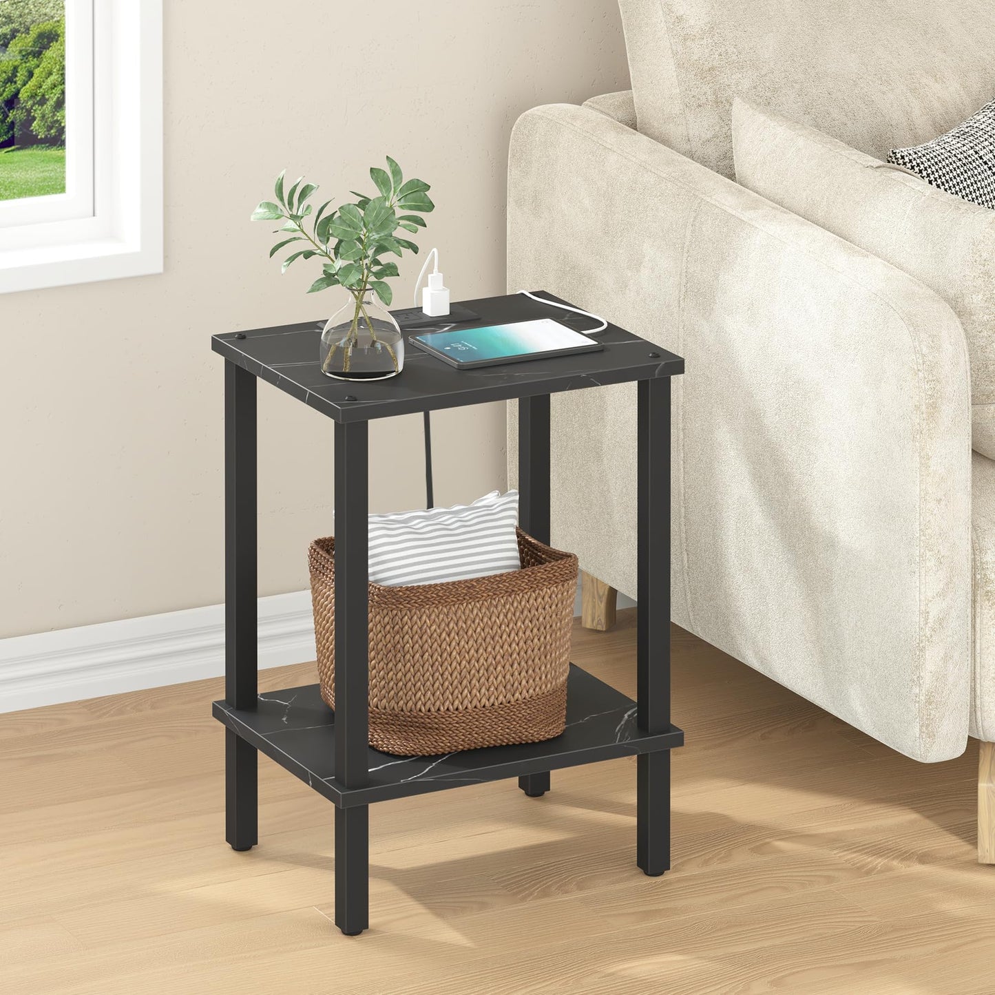 TUTOTAK End Table with Charging Station, Small Side Table, Nightstand Bedside Table, 2-Tier Storage Shelf for Small Space, Living Room, Bedroom, Marble Black TB01BMK040