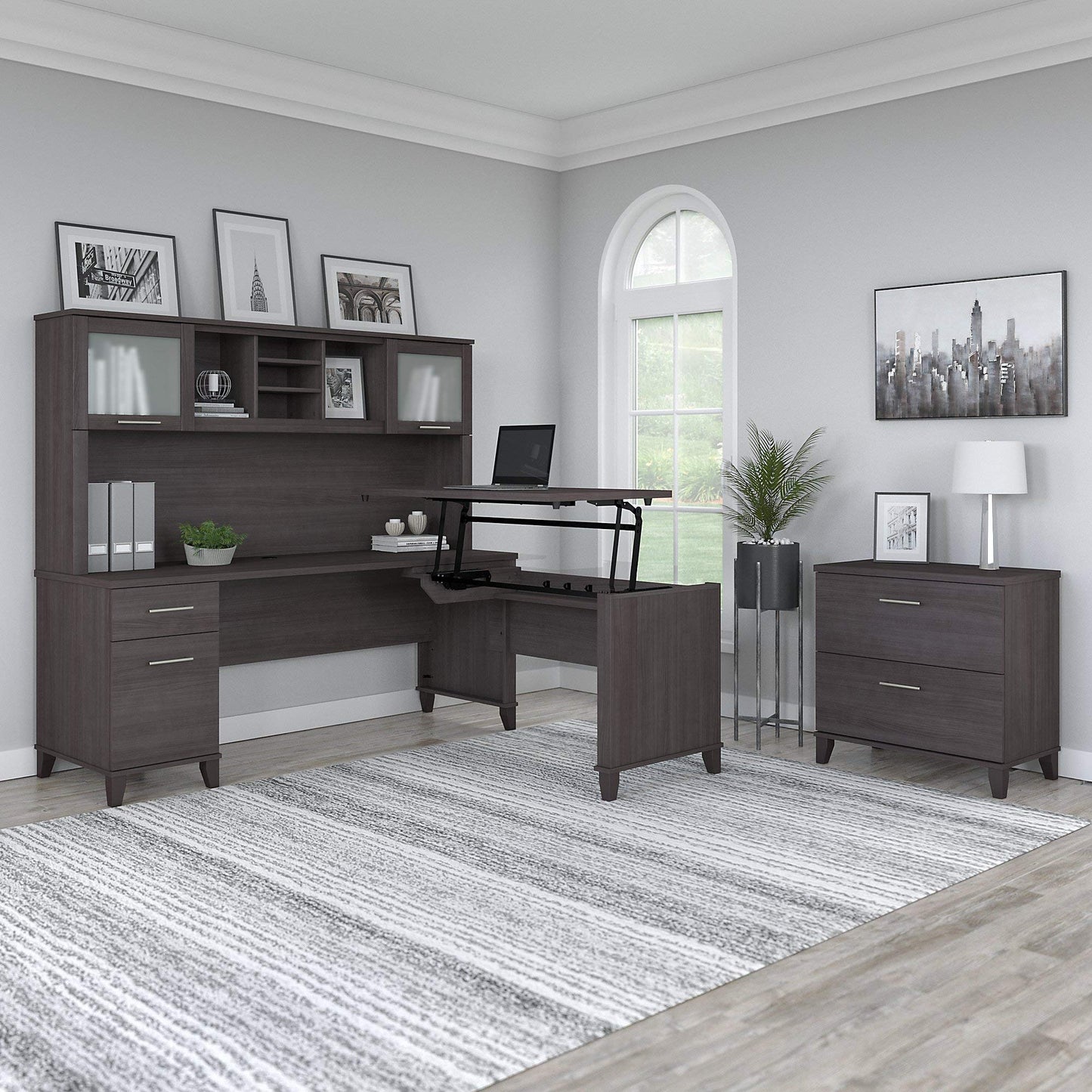 Bush Furniture Somerset 72W 3 Position Sit to Stand L Shaped Desk with Hutch and File Cabinet in Storm Gray