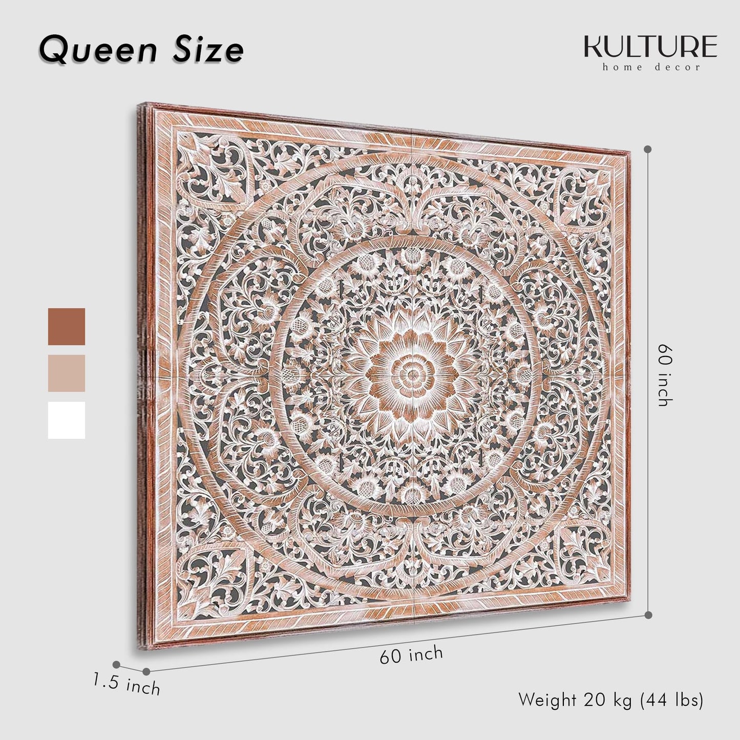 KultureDeco Manusa Antic Custom Engraved Wood Headboard Panels, Personalized Hand Carved Mandala Boho Bedroom Wall Decor, King or Queen, Hardware Included