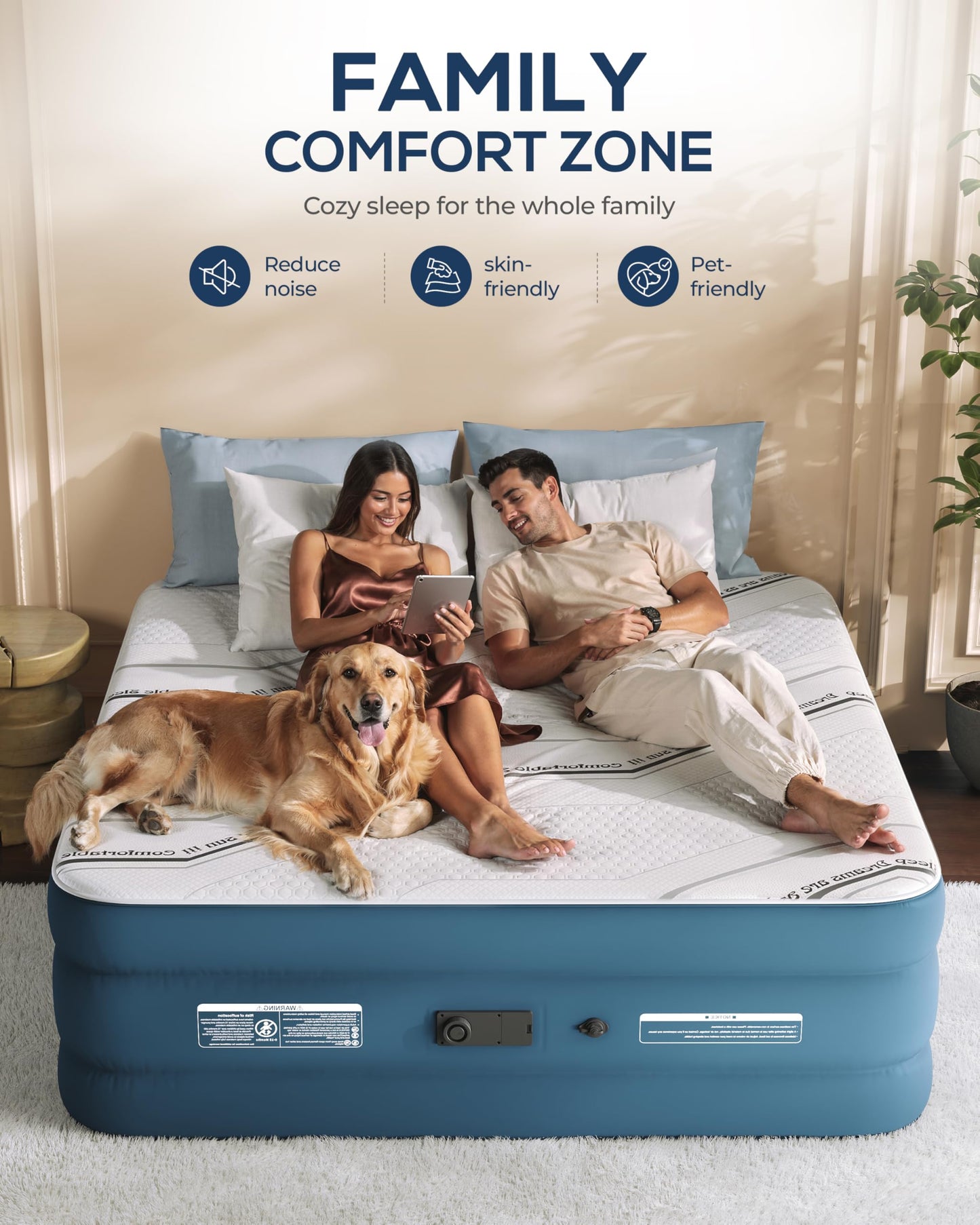 20” Tall Luxury Air Mattress with Quilted Foam Topper, Extra Firm Support with U-shaped PVC strap Inflatable Bed, Quiet & Comfortable Blow Up Bed for Home Guests, Camping, Travel, Fast Inflate AirBed