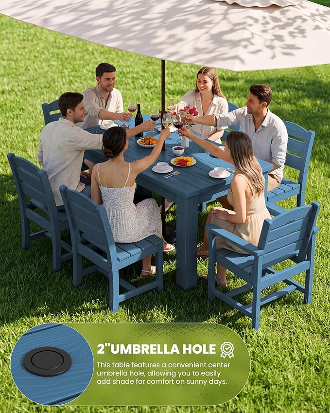 SERWALL HDPE Dining Set for 6: 1 Umbrella Hole Table, 4 Armless + 2 Armchairs.