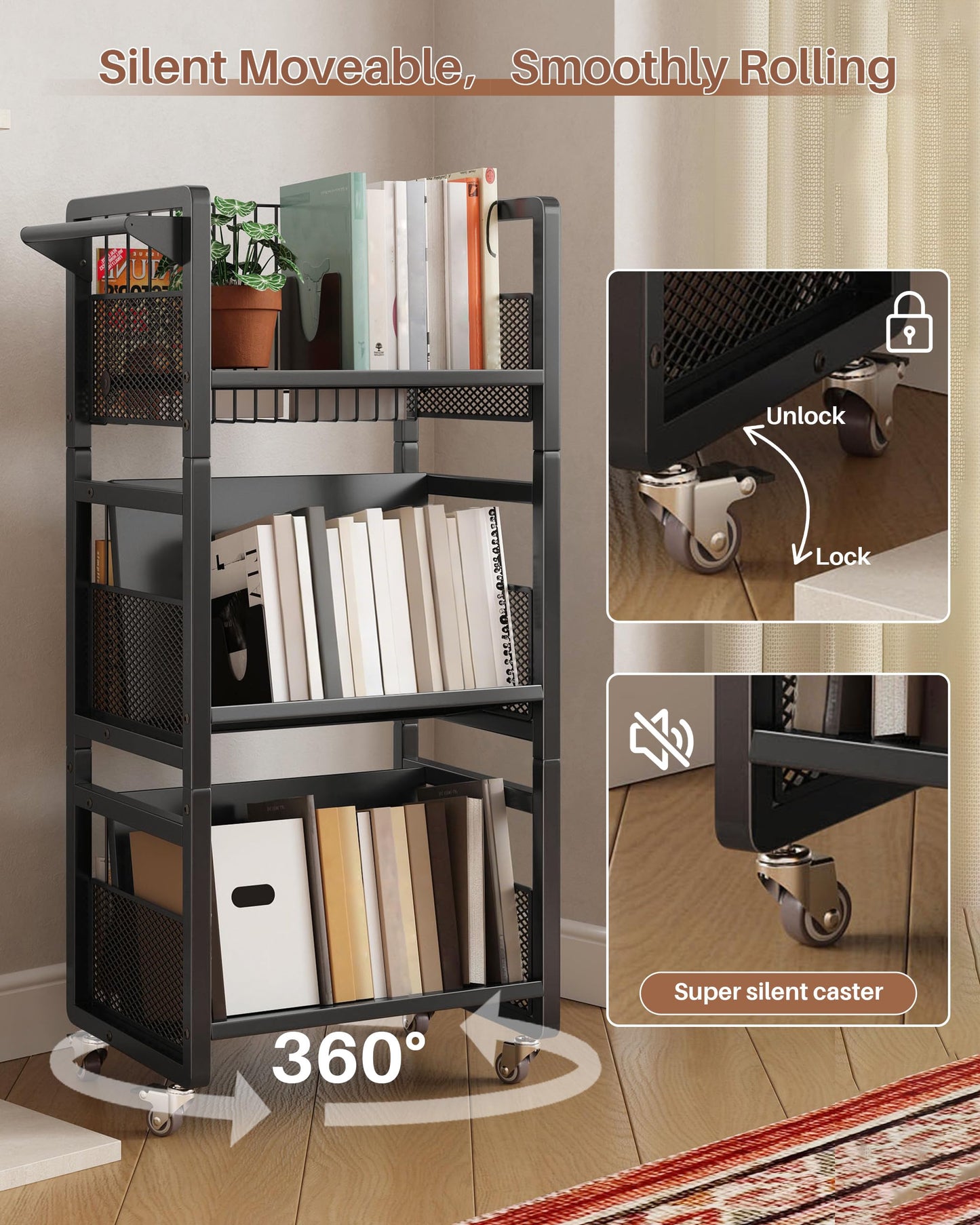 UMDONX Book Cart Heavy Duty Double-Sided with Silent Wheels & 3 Magnetic Book Supports Rolling Bookshelf Library Book Truck for Home, Office, or School