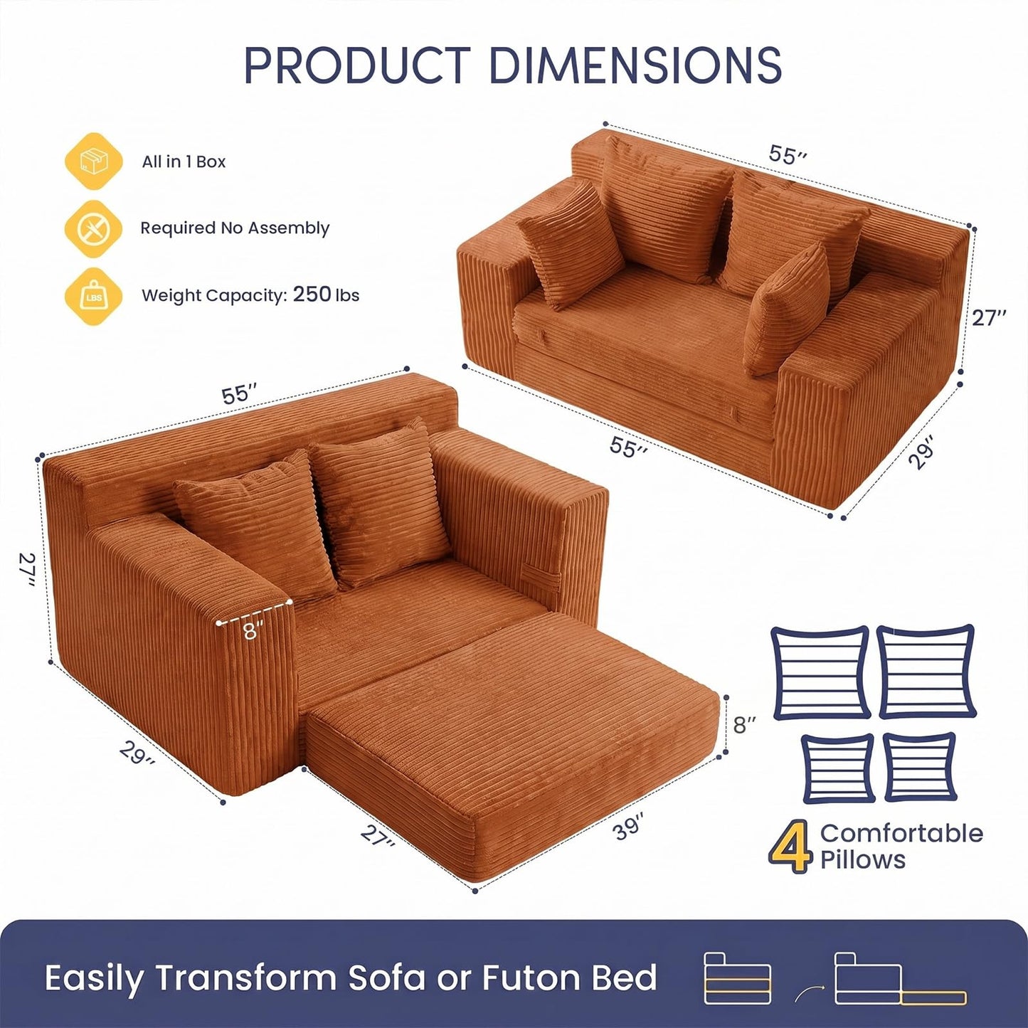 cidludto Convertible Sofa Bed, Boneless Couch 2 in 1 Loveseat Folding Couch Bed Foldable, Chair Bed & Futon Sofa Bed, Small Corduroy Pull Out Sofa with 4 Pillows for Living Room, Orange