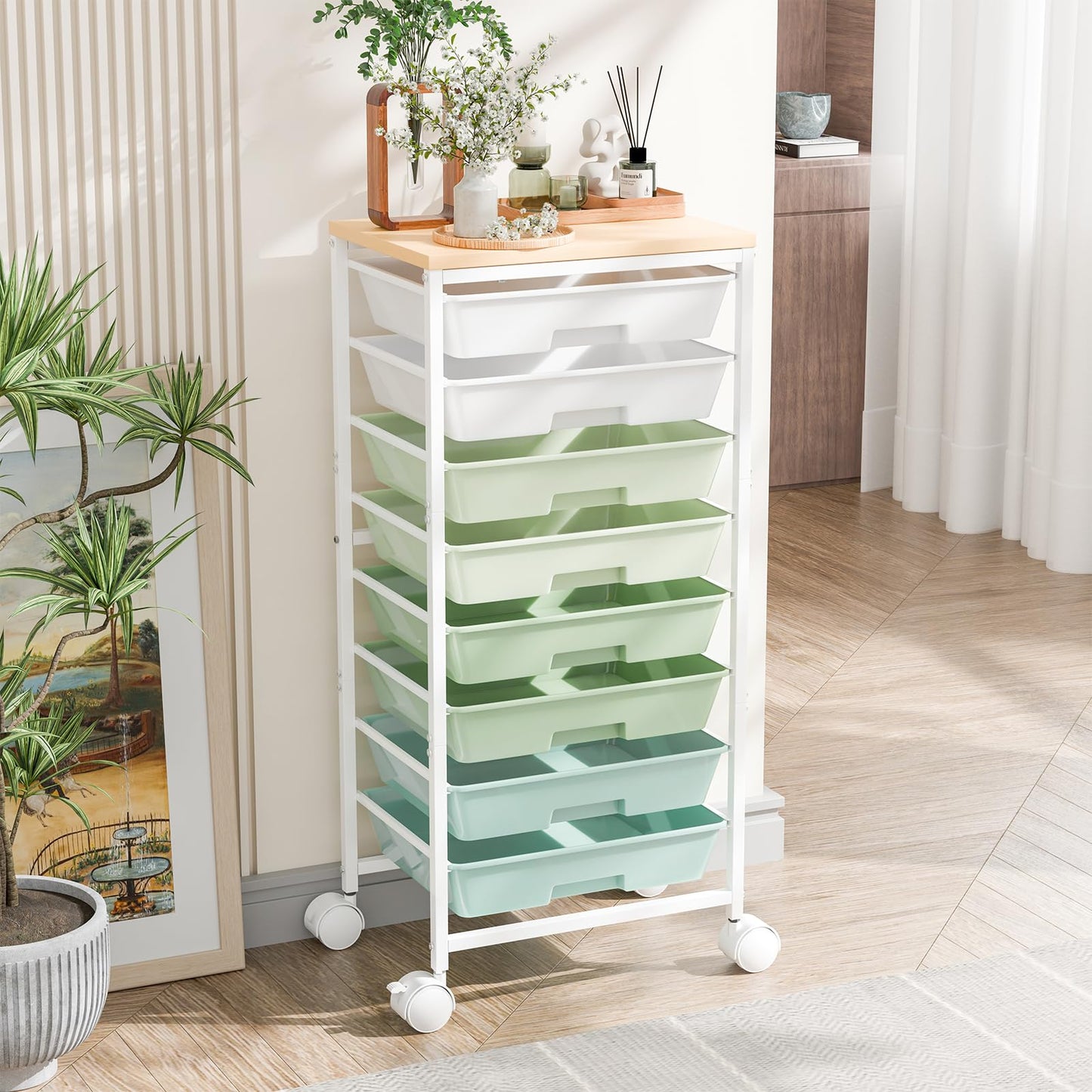 Ekisemio Rolling Cart with 8 Drawers, Storage Drawers Cart with Wooden Tabletop and Lockable Wheels, Utility Cart for Living Room, Office, Classroom, Craft Room, Green