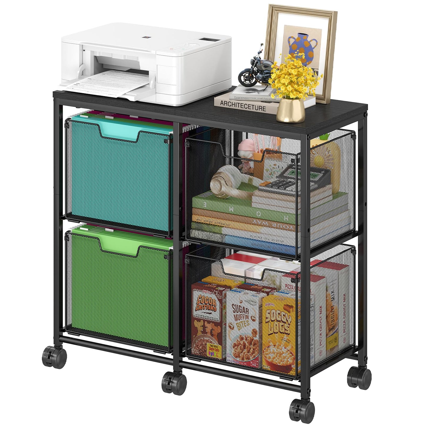 Sbanmao 4 Drawer Lateral File Cabinet, Mobile Filing Cabinet, Printer Stand with Wheels Under Desk Storage Office Storage Cabinet Fits Letter Size for Home Office, Black