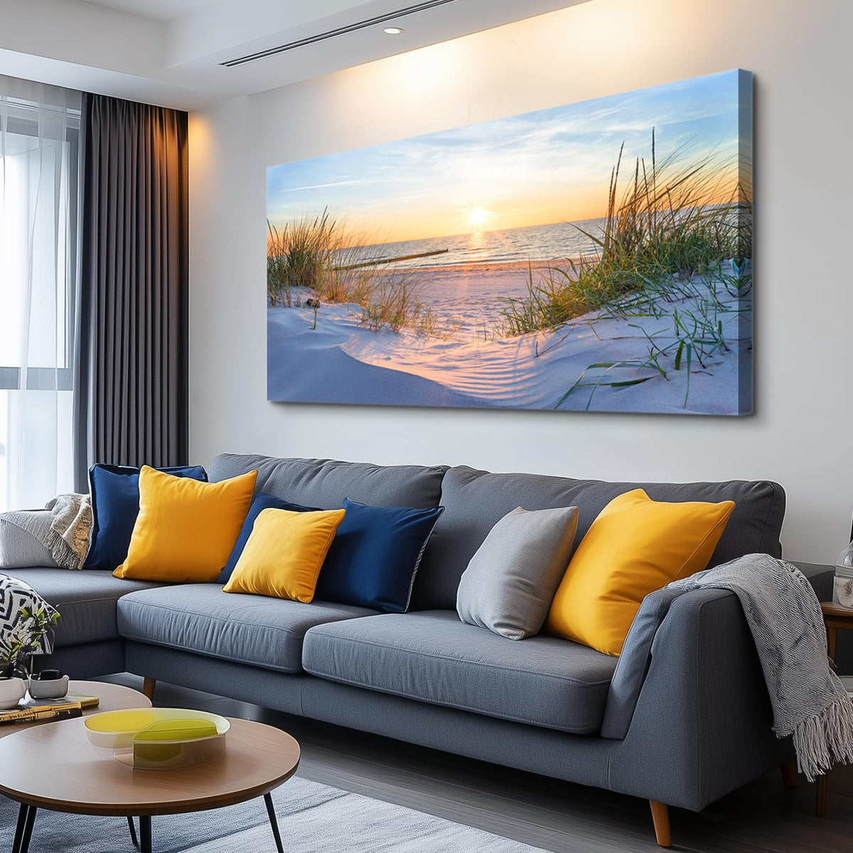 MHARTK66 Wall Decor for Living Room Large Canvas Wall Art for Bedroom Modern Office Pictures Blue Sun Beach Grass Ocean Landscape Paintings Canvas Art Prints Home Decorations