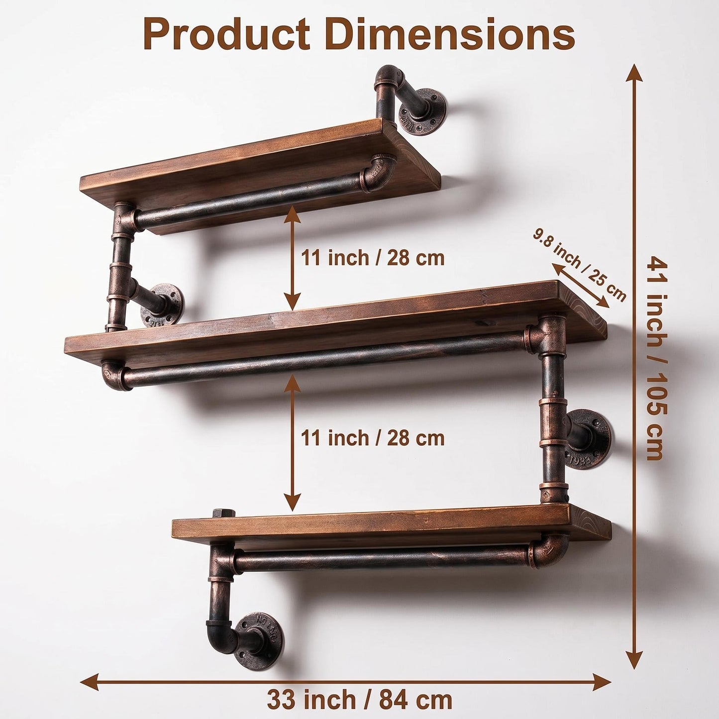 Diwhy Industrial Pipe 3 Tier Wall Mounted Floating Shelf, Rustic Wrought Iron Solid Wood Storage Display Shelf for Home Living Room Bedroom Decor