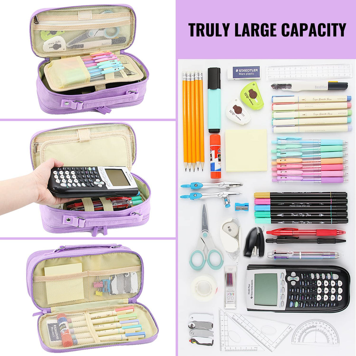 JOINPRO Large Capacity Pencil Case, 4 Compartment Pen Pouch Organizer with Double Zipper, Storage Bag for School, Office, Teen Girl Boy Men Women (Purple)