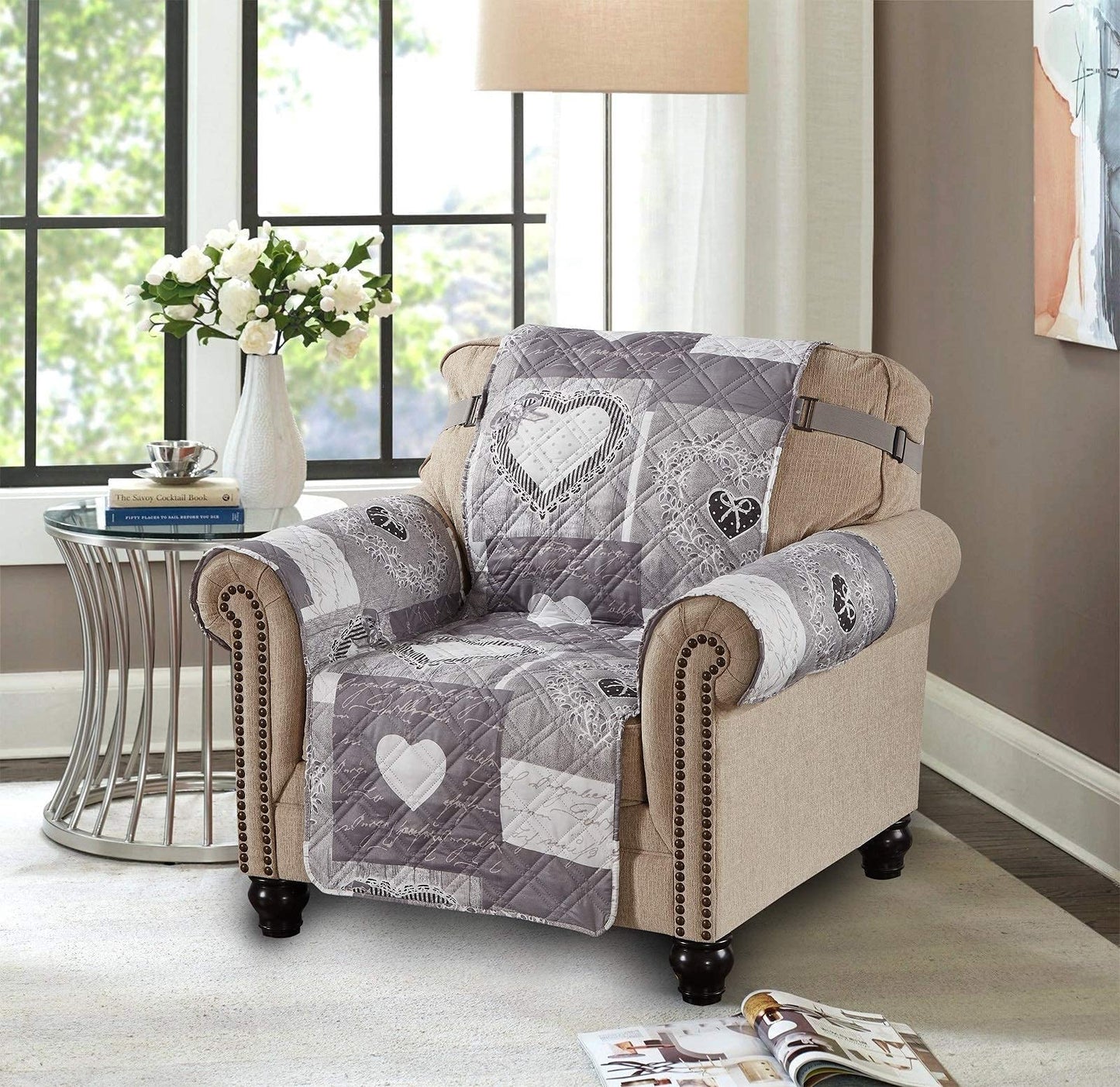 Brilliant Sunshine Grey Heart Love Patchwork Quilted Chair Slipcover, 23" Seat Width, Slip Resistant Furniture Protector, 2" Strap, Washable Armchair Cover for Pets, Kids, Dogs, Cats, Grey
