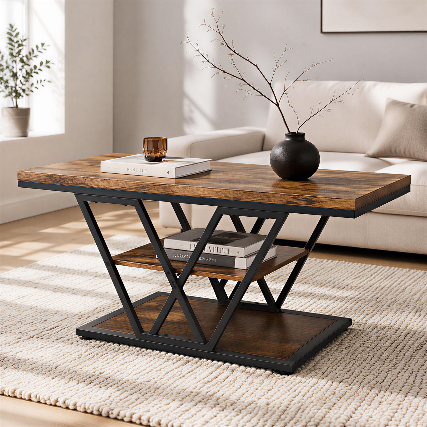 Espelism Coffee Table with Storage Industrial 3 Tier Center Living Room Table Farmhouse Wooden Rectangle Cocktail Rustic Tea Table for Office Bedroom(Brown)