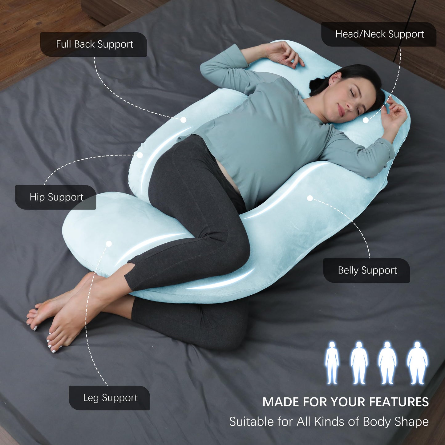 MOON PARK Pregnancy Pillows for Sleeping - U Shaped Full Body Maternity Pillow with Removable Cover - Support for Back, Legs, Belly, Hips - 57 Inch Pregnancy Pillow for Women - Aqua