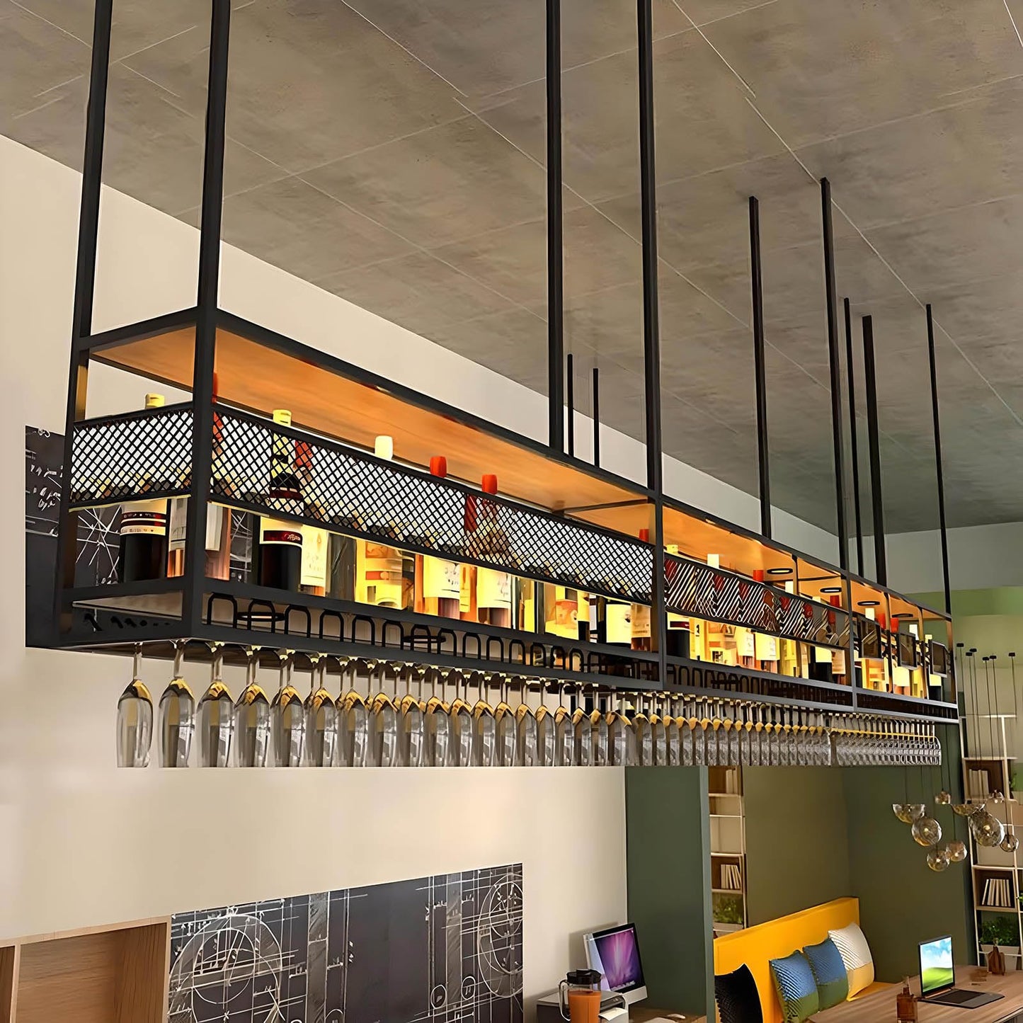 LWJQRSP 2-Tier Metal Hanging Wine Rack & Glass Holder - Stylish Wine Storage for Bar Restaurant Cafe & Kitchen - Black 80cm - Perfect for Wine Lovers & Entertainers