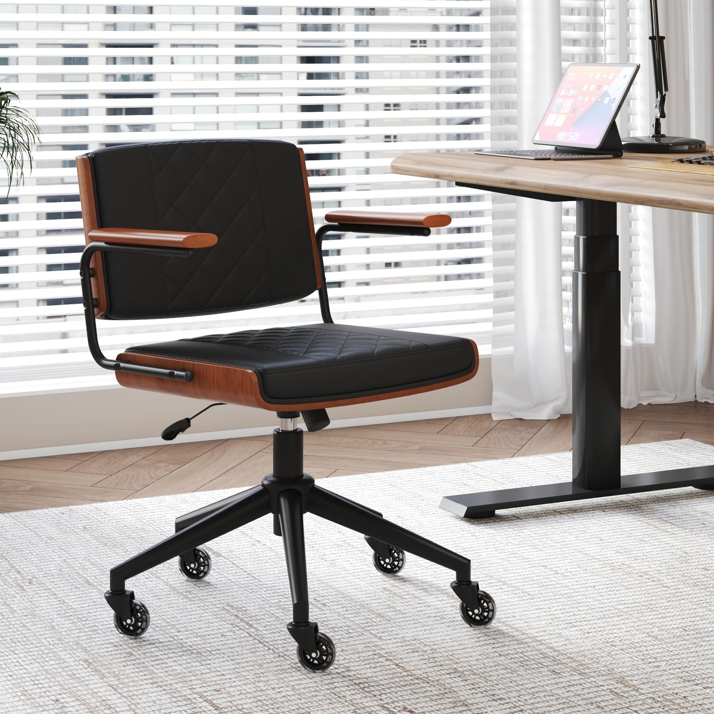 CoVibrant Ergonomic Office Chair with Rubber Wheels & Walnut Arms - PU Leather Mid-Back Desk Chair, Adjustable Height, Bentwood Backrest | Swivel Rocking Design for Home Office, Meeting Room, Study